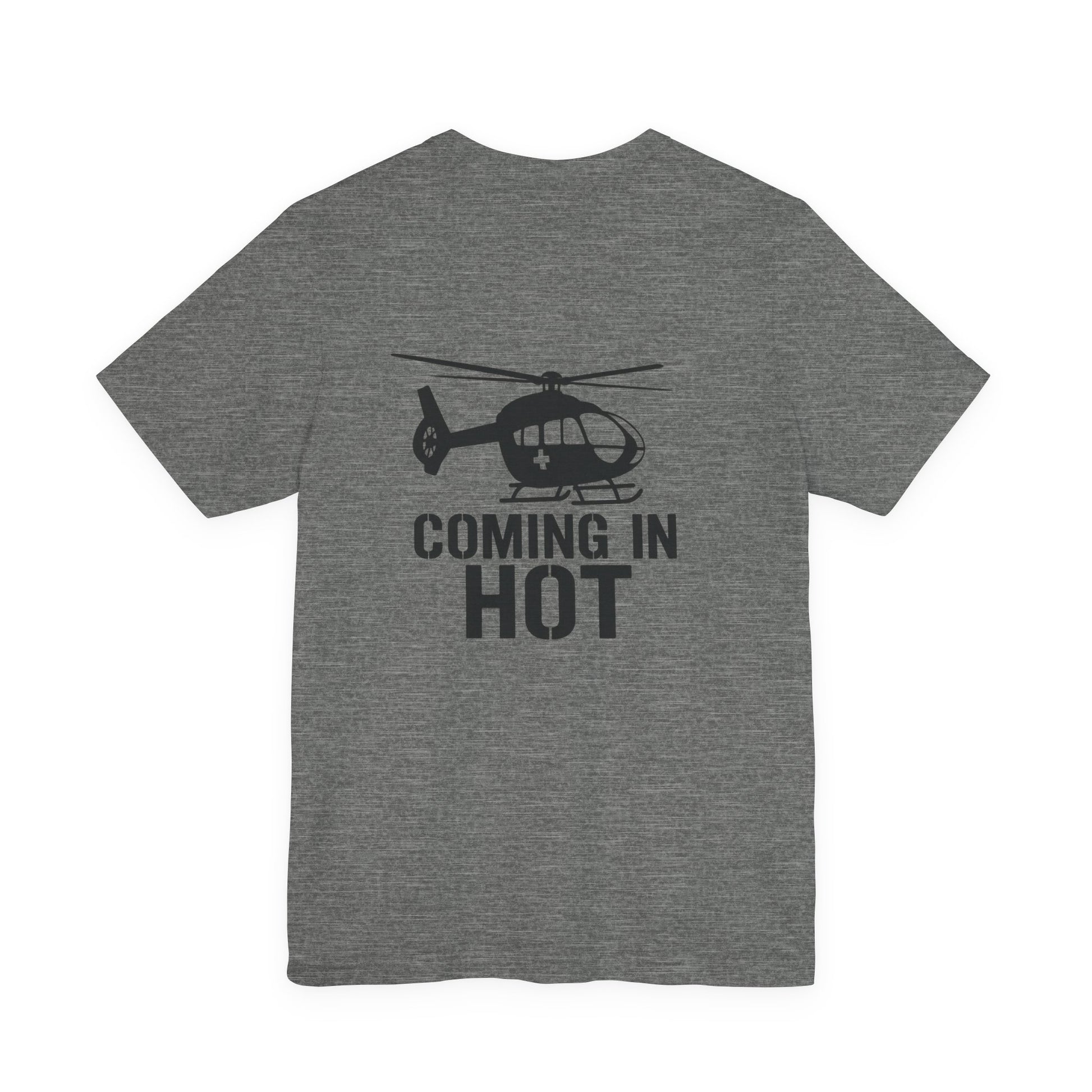 Gray t-shirt with helicopter graphic and 'Coming in Hot' text on a white background