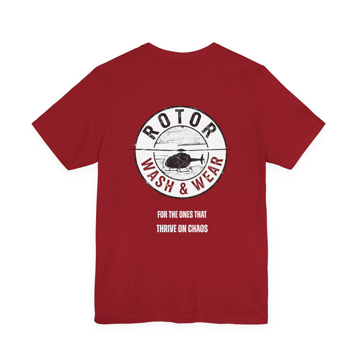 Red t-shirt with 'Rotor Wash & Wear' logo and text "For the ones that thrive on chaos" on a white background