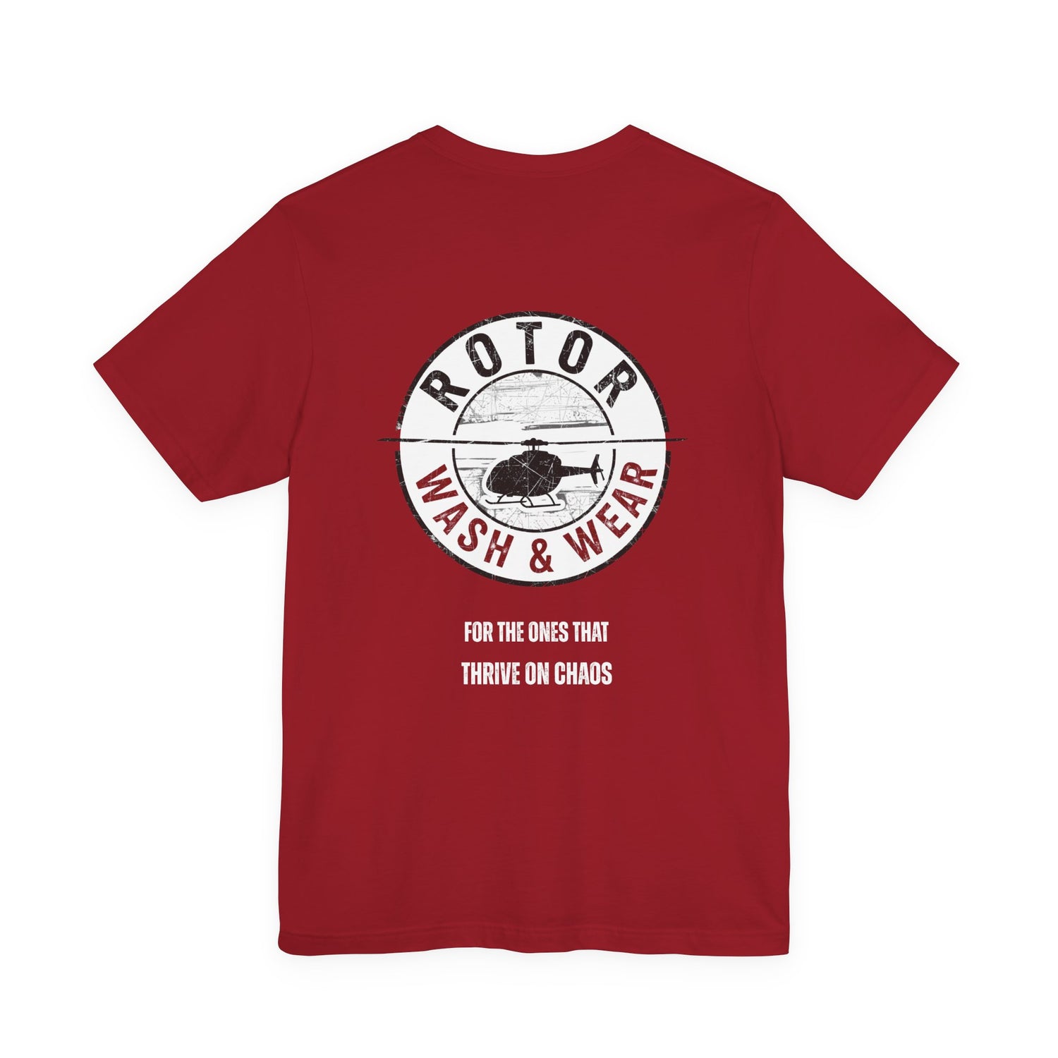 Red t-shirt with 'Rotor Wash & Wear' logo and text "For the ones that thrive on chaos" on a white background