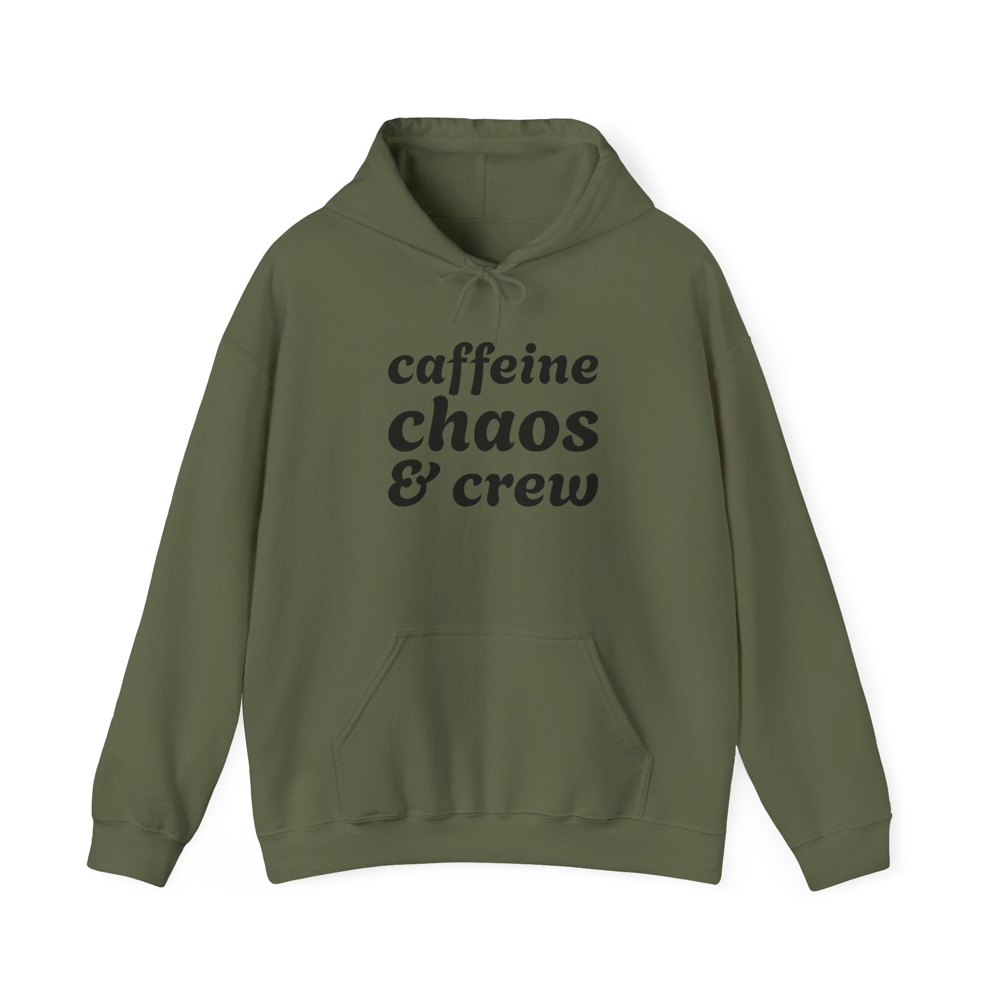 Green hoodie with 'caffeine chaos & crew' text on a white background