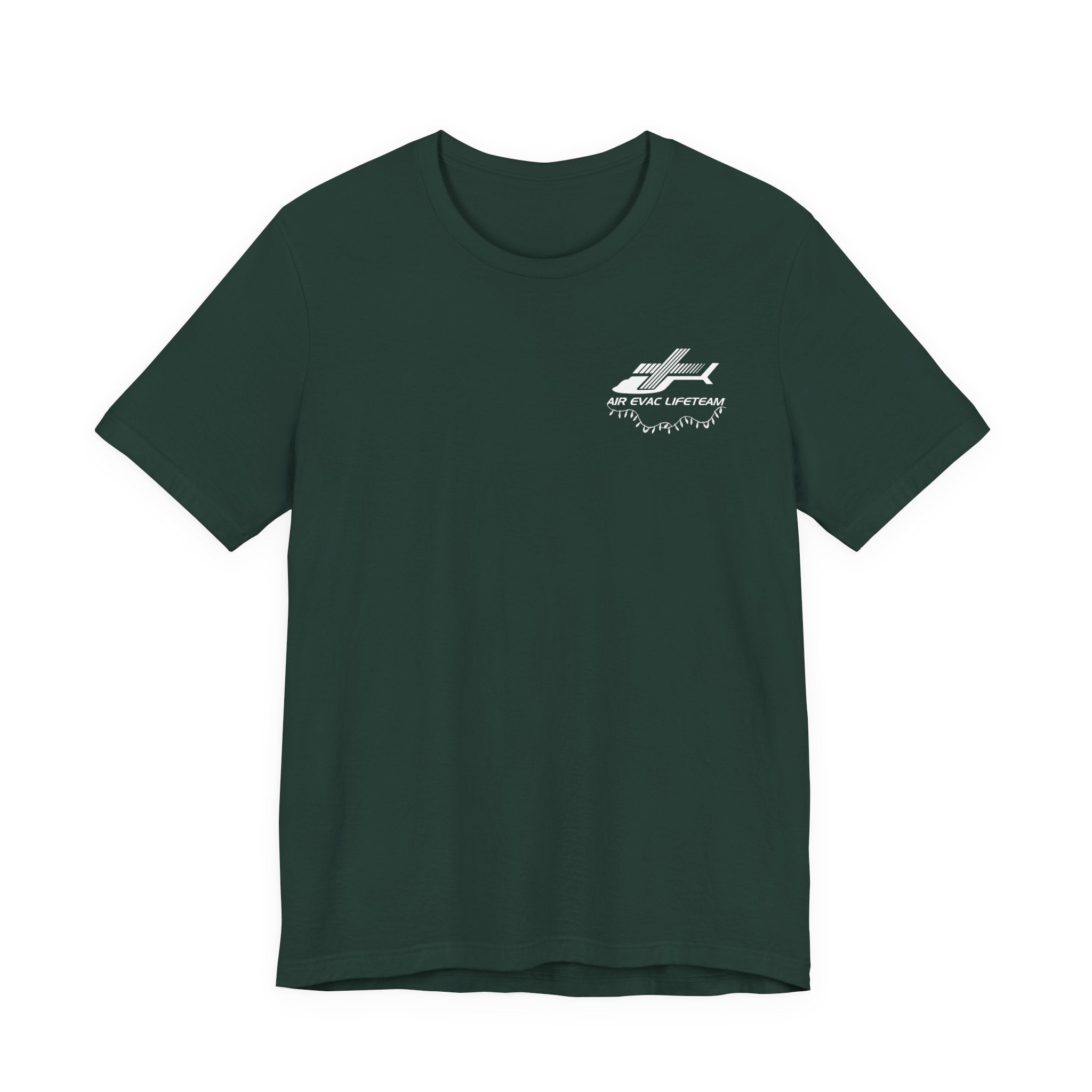 Green t-shirt with a white Air Evac logo and Christmas lights on a white background