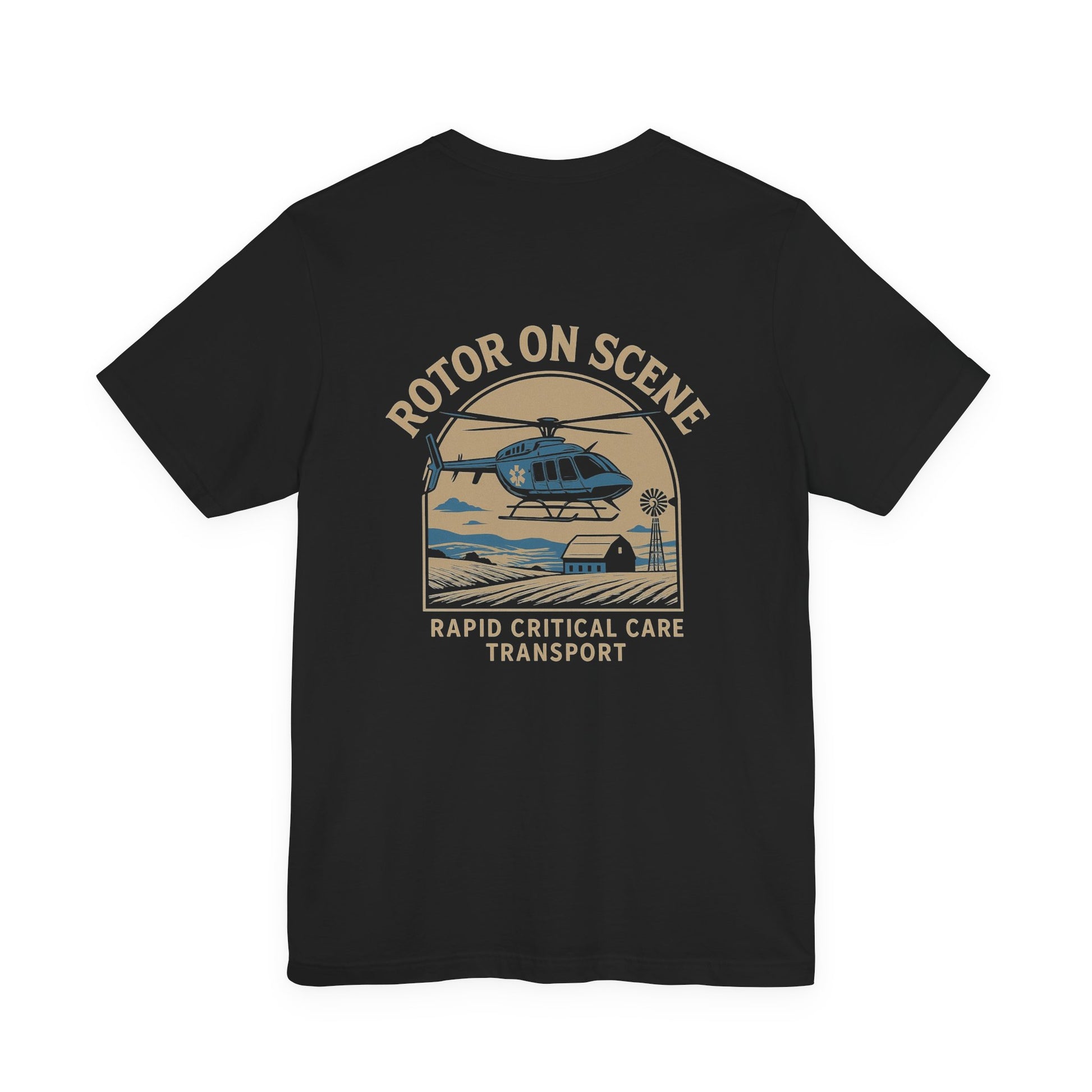 Black t-shirt with helicopter graphic and text "Rotor on scene; Rapid Critical Care Transport" on the back, on a white background