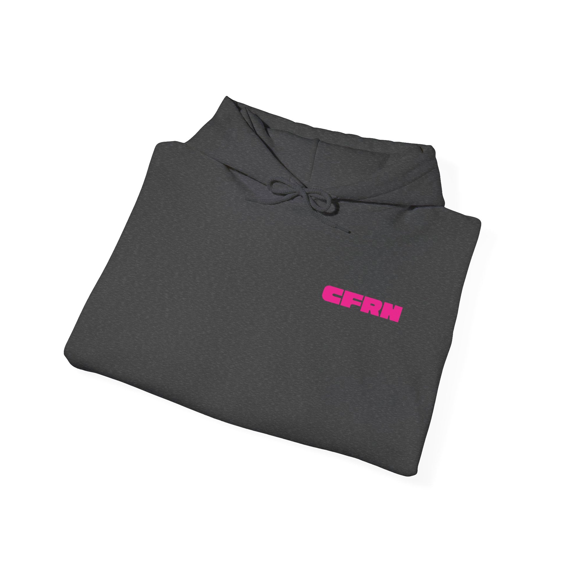 Folded gray hoodie with pink 'CFRN' logo on a white background