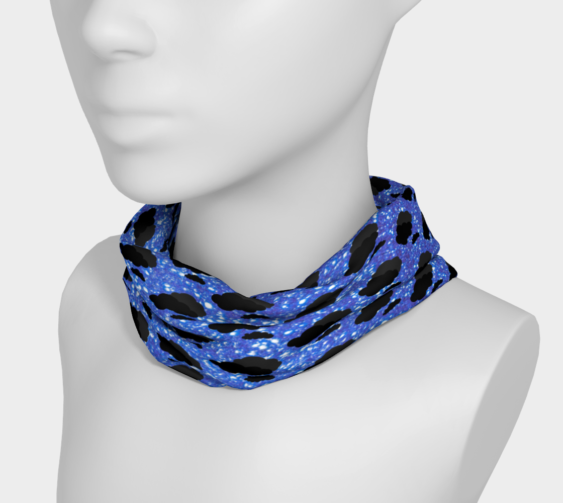 Blue sparkly neck gaiter with black cloud pattern on a mannequin head against a white background