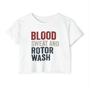 White crop top with 'BLOOD SWEAT AND ROTOR WASH' text on a white background
