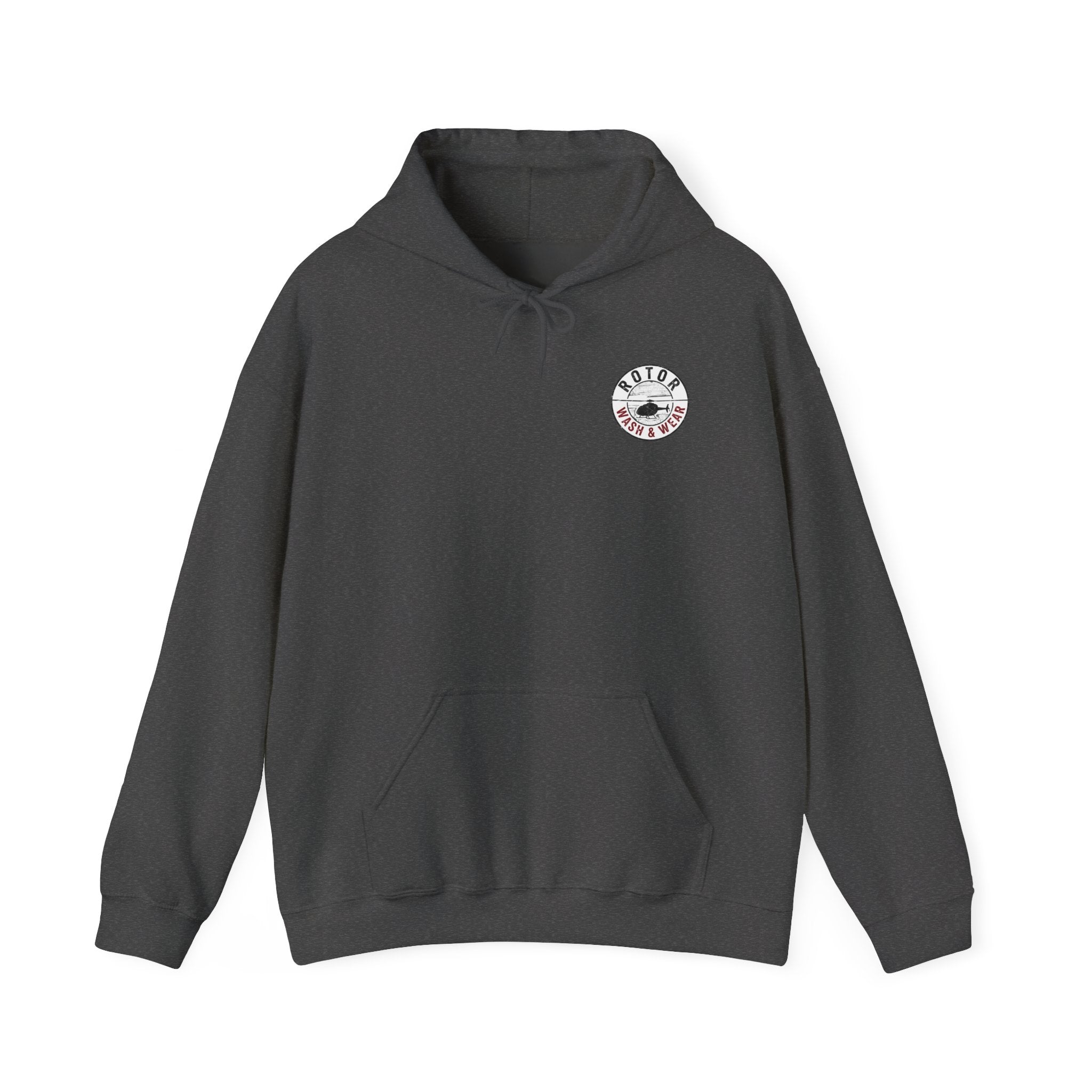 Gray hoodie with a Rotor Wash & Wear logo on the chest against a white background