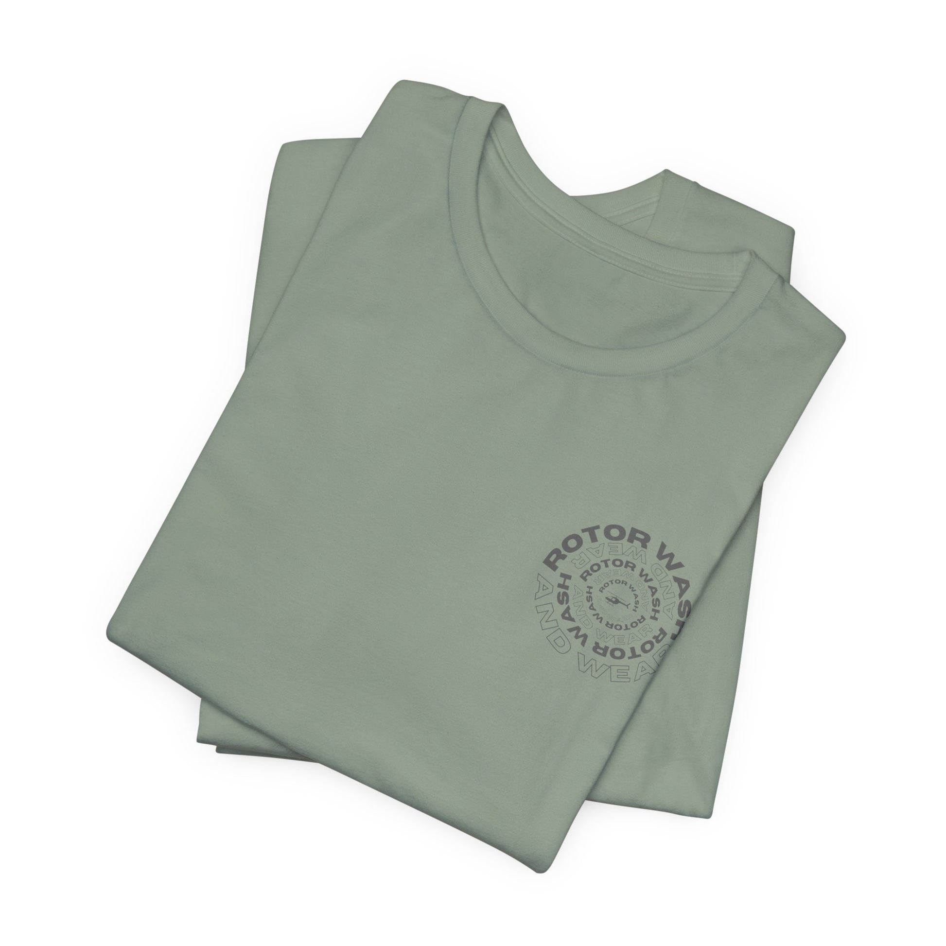 Folded sage t-shirt with 'Rotor Wash and Wear' circular design text design on the left chest on a white background