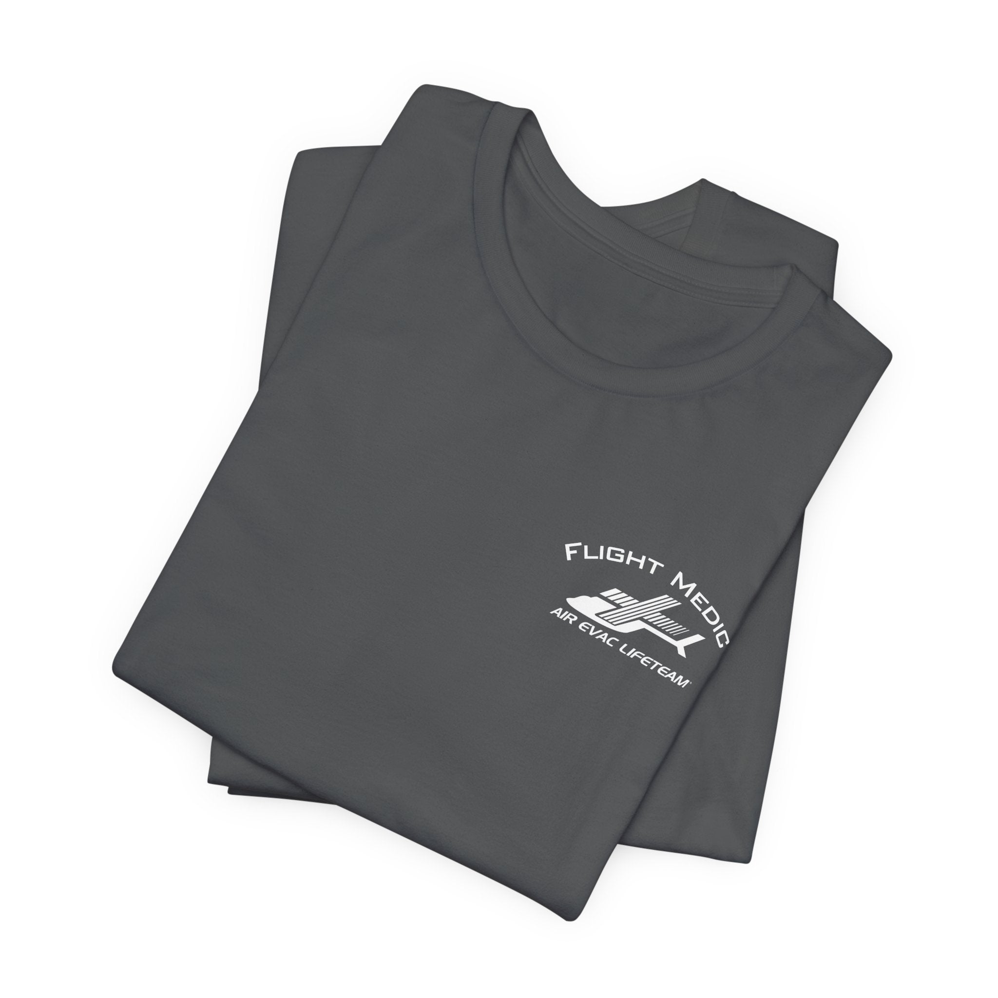 Folded gray t-shirt with small 'Flight Medic" text and Air Evac Lifeteam' logo on the left chest by Rotor Wash & Wear