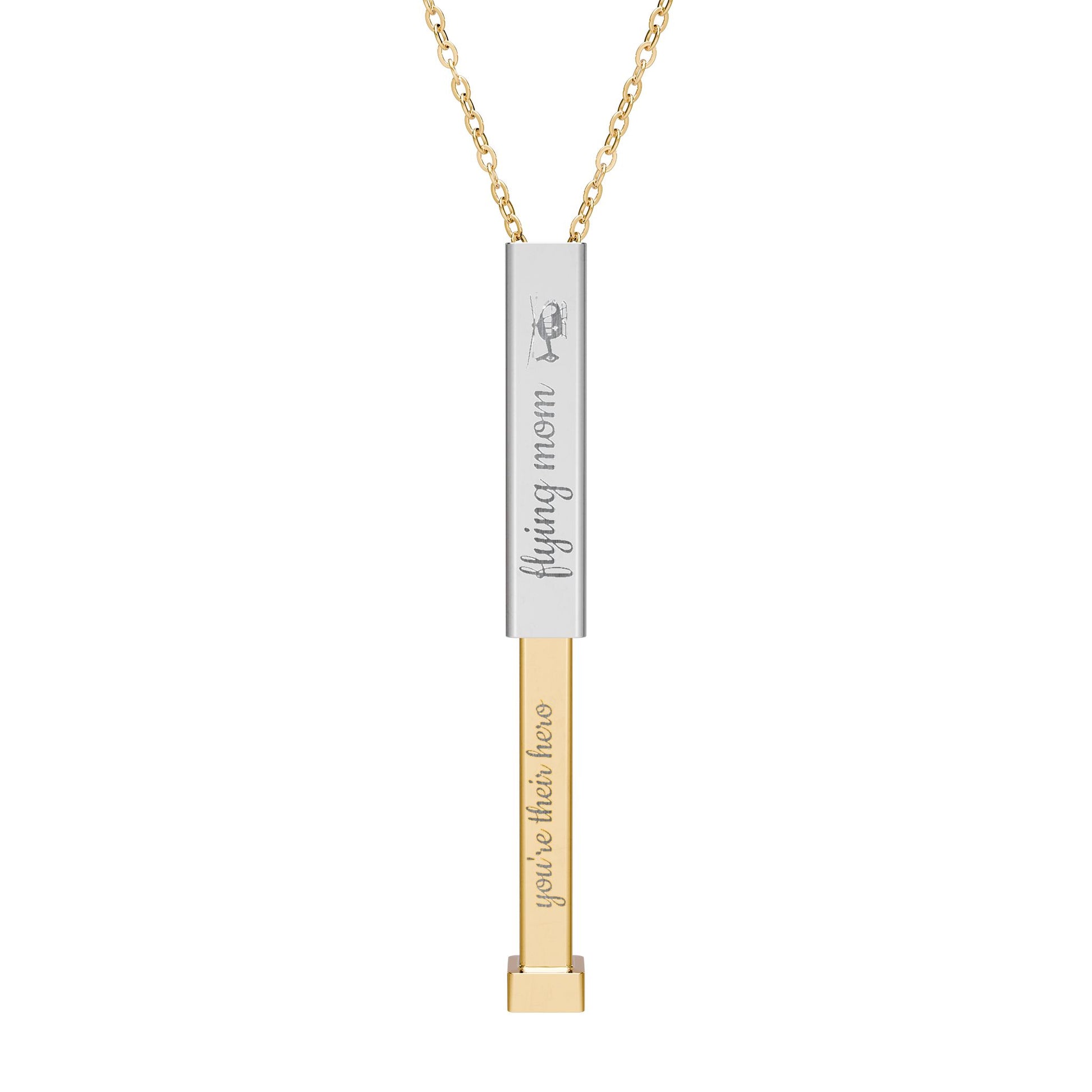 Silver and gold two-toned necklace with a cylindrical pendant engraved with 'flying mom' with hidden interior engraving "you're their hero" by Rotor Wash & Wear