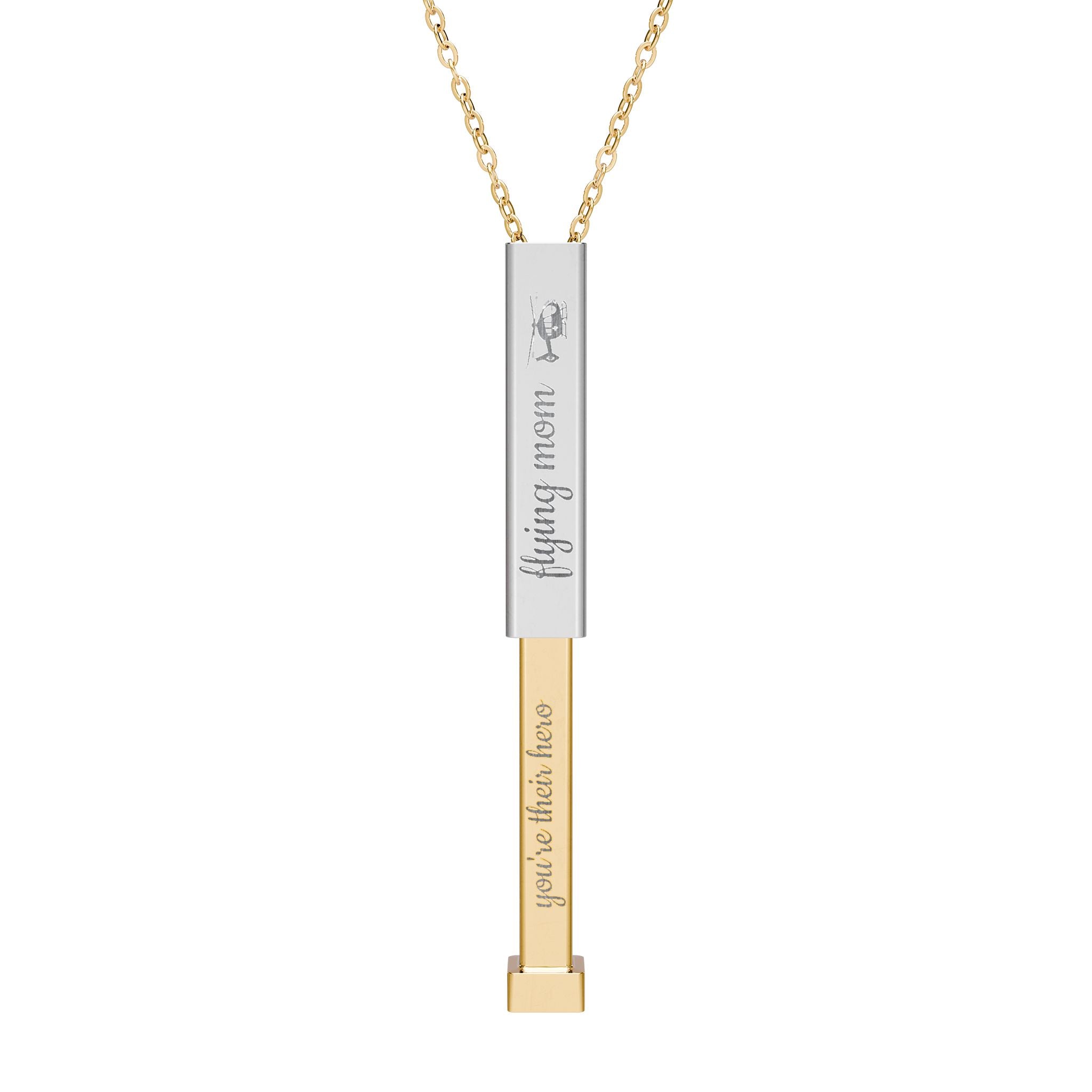 Silver and gold two-toned necklace with a cylindrical pendant engraved with 'flying mom' with hidden interior engraving "you're their hero" by Rotor Wash & Wear