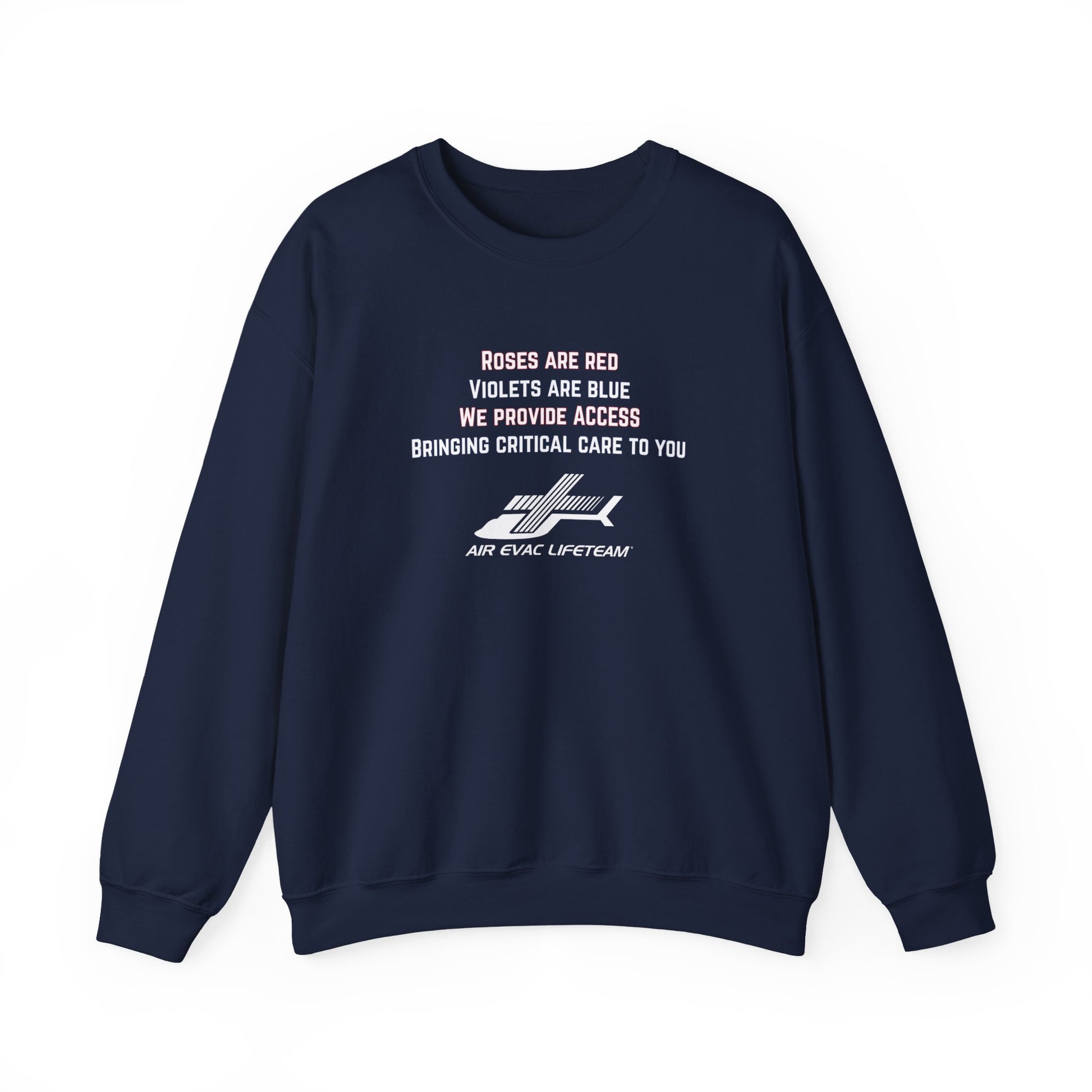 Navy crewneck sweatshirt with Valentine's day poem and Air Evac Lifeteam logo on a white background