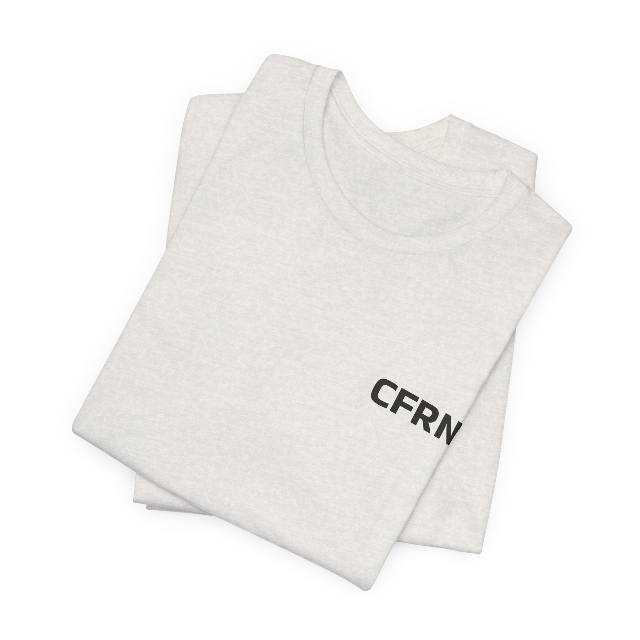 Folded white sleeveless shirt with 'CFRN' text on a white background by Rotor Wash & Wear