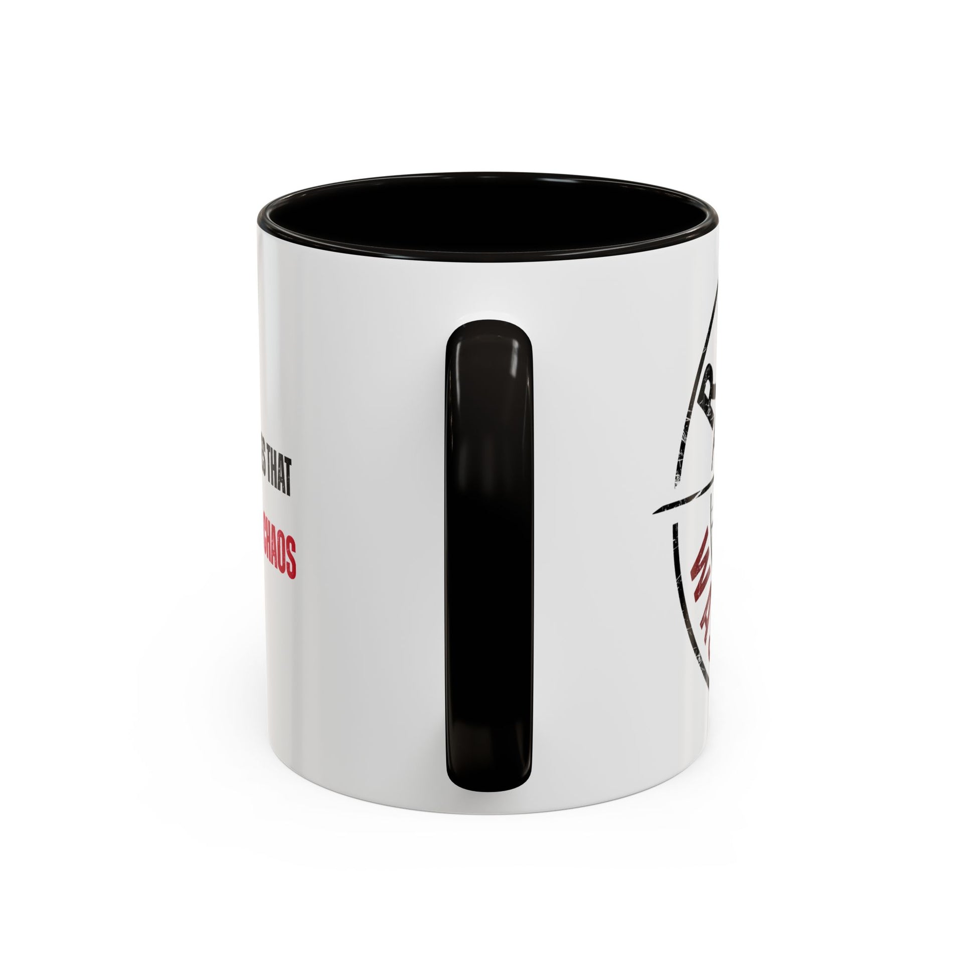 White mug with black interior and handle, featuring a helicopter graphic and text 'Rotor Wash & Wear' on a white background.