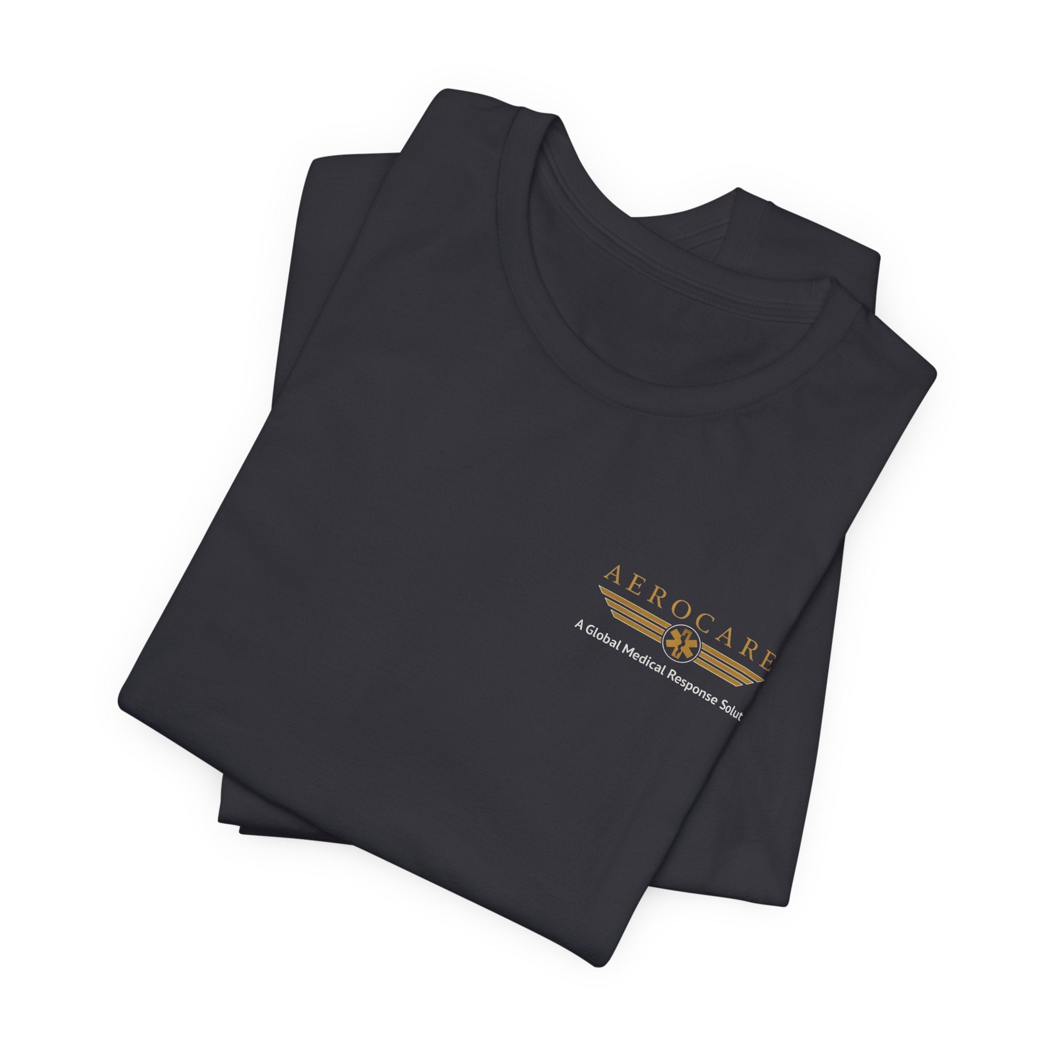 Folded black t-shirt with Aerocare logo on a white background