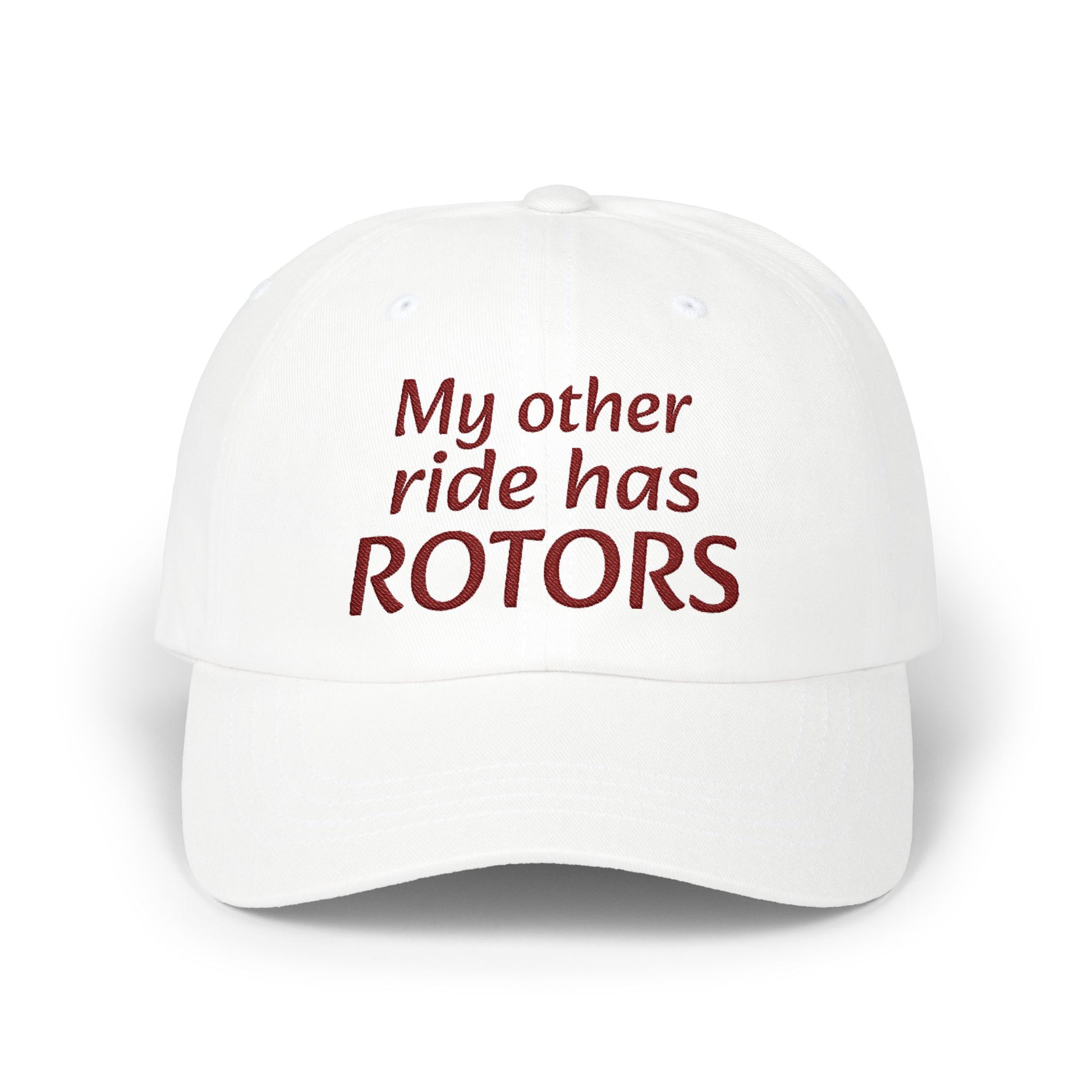 White cap with red text 'My other ride has ROTORS' on a white background