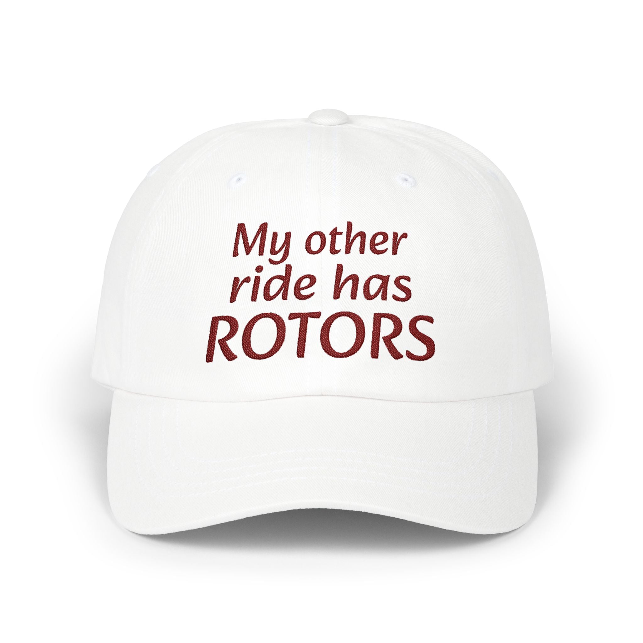 White cap with red text 'My other ride has ROTORS' on a white background