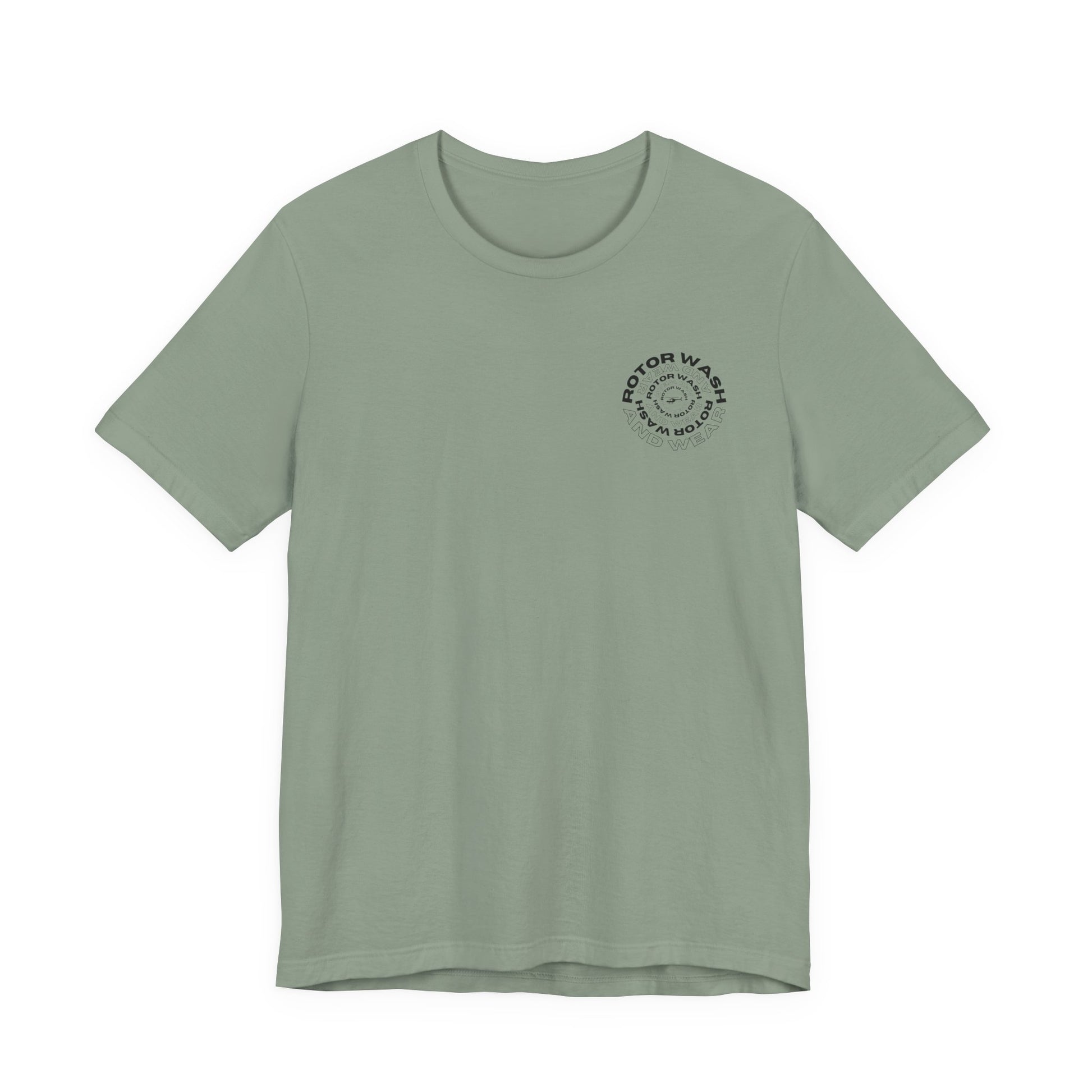 Sage t-shirt with 'Rotor Wash and Wear' circular design text design on the left chest on a white background