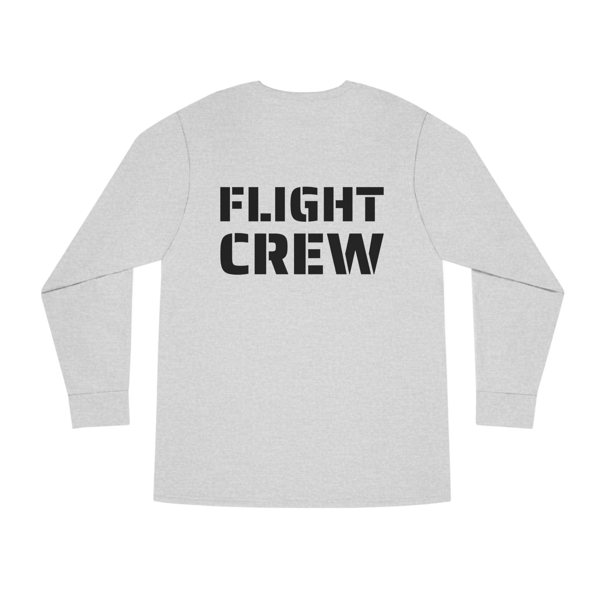 Gray long-sleeve shirt with 'FLIGHT CREW' stencil text by Rotor Wash & Wear