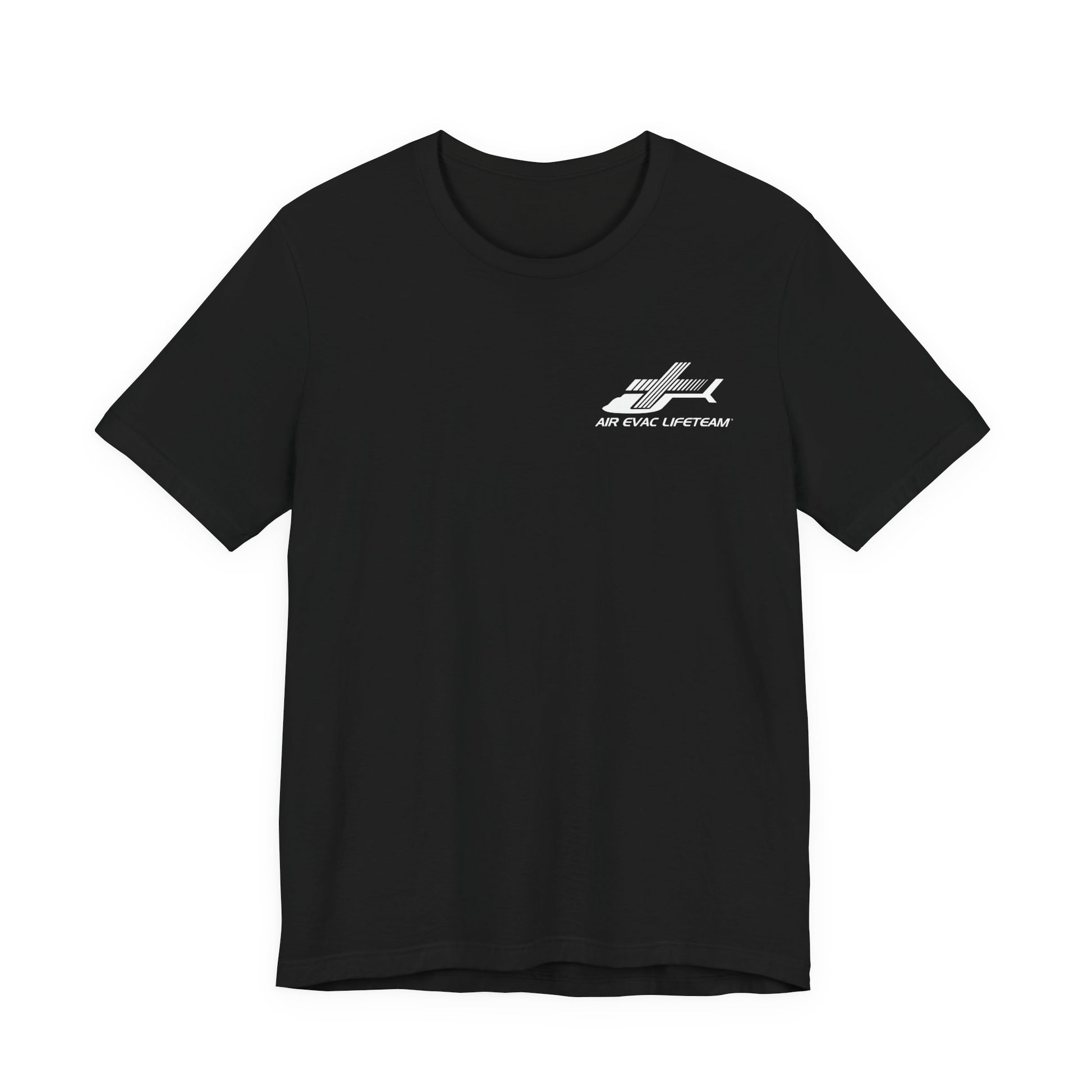Black t-shirt with a white Air Evac Lifeteam logo on a white background