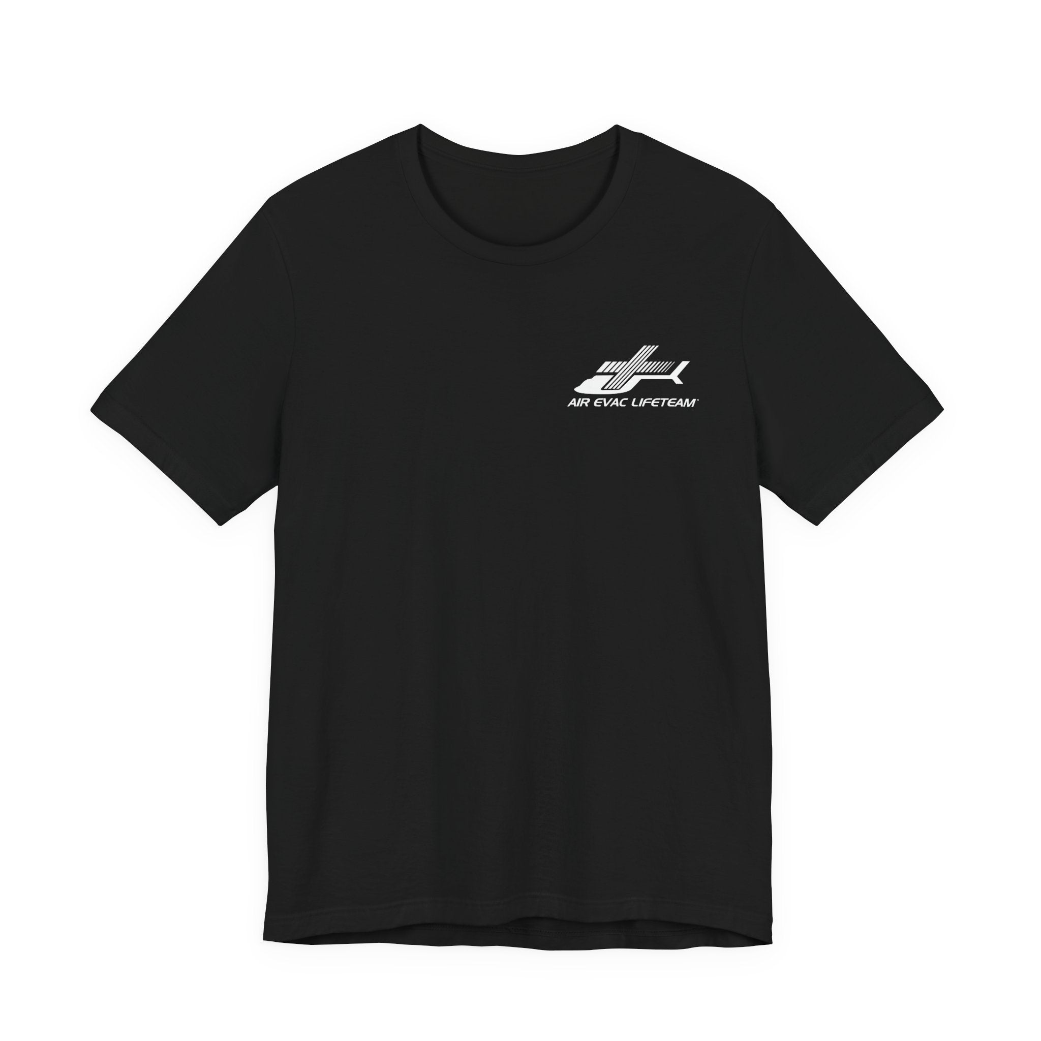Black t-shirt with a white Air Evac Lifeteam logo on a white background