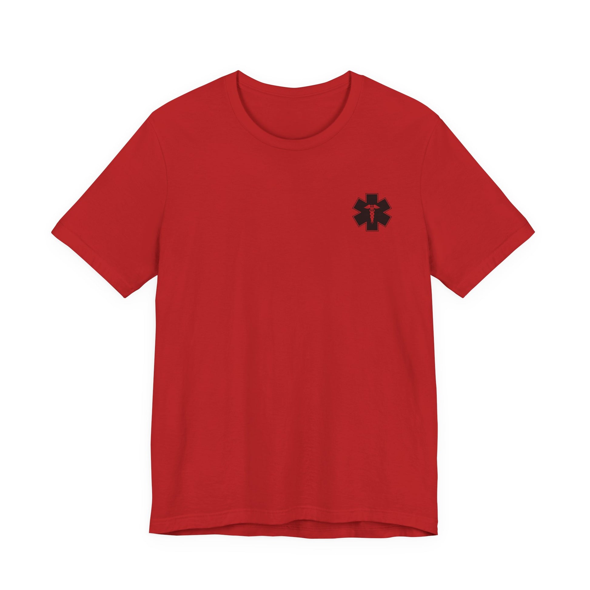 Red t-shirt with a black logo of the Star of Life on a white background