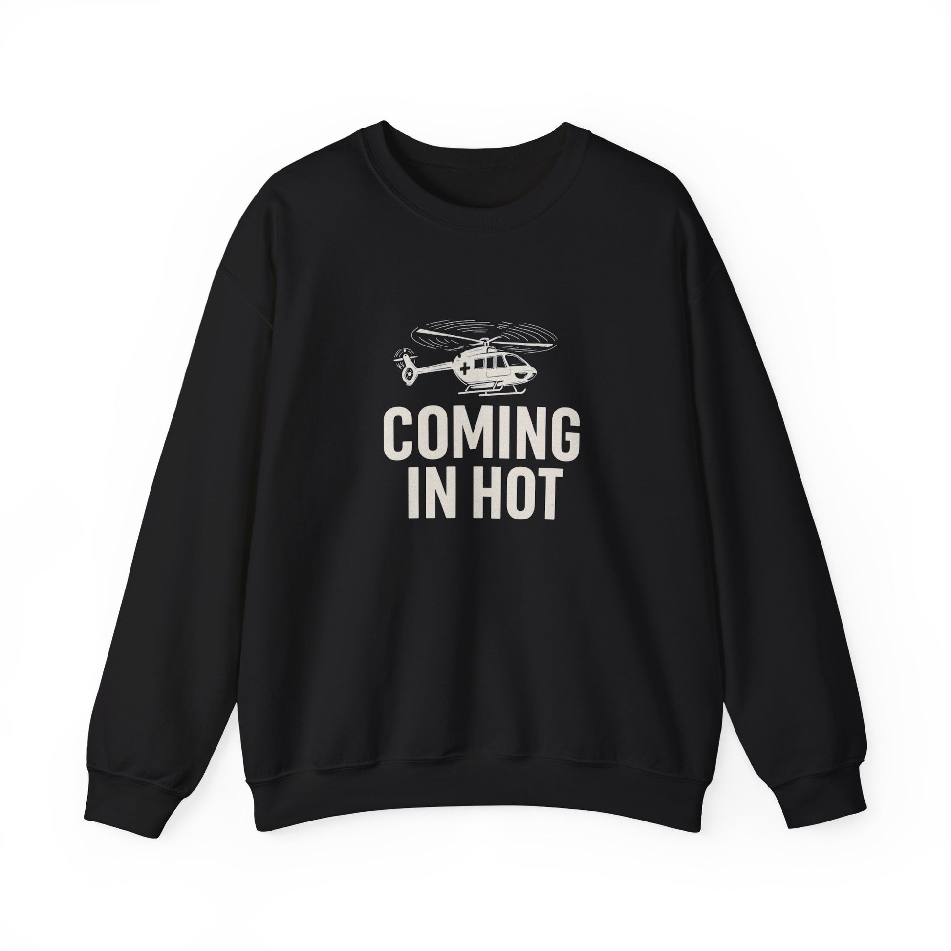 Black sweatshirt with helicopter graphic and text 'COMING IN HOT' by Rotor Wash & Wear