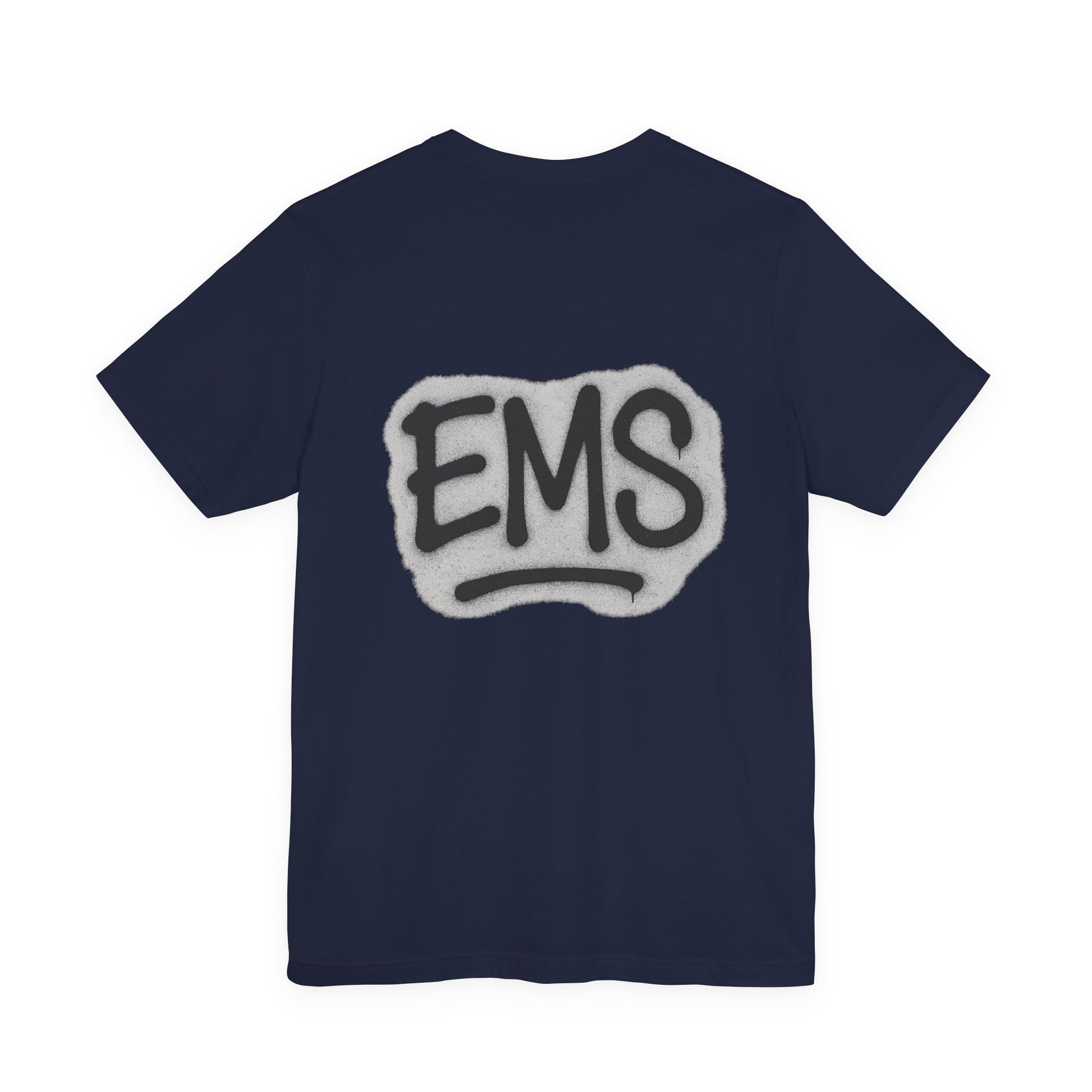 Navy t-shirt with graffiti style 'EMS' logo on the back against a white background