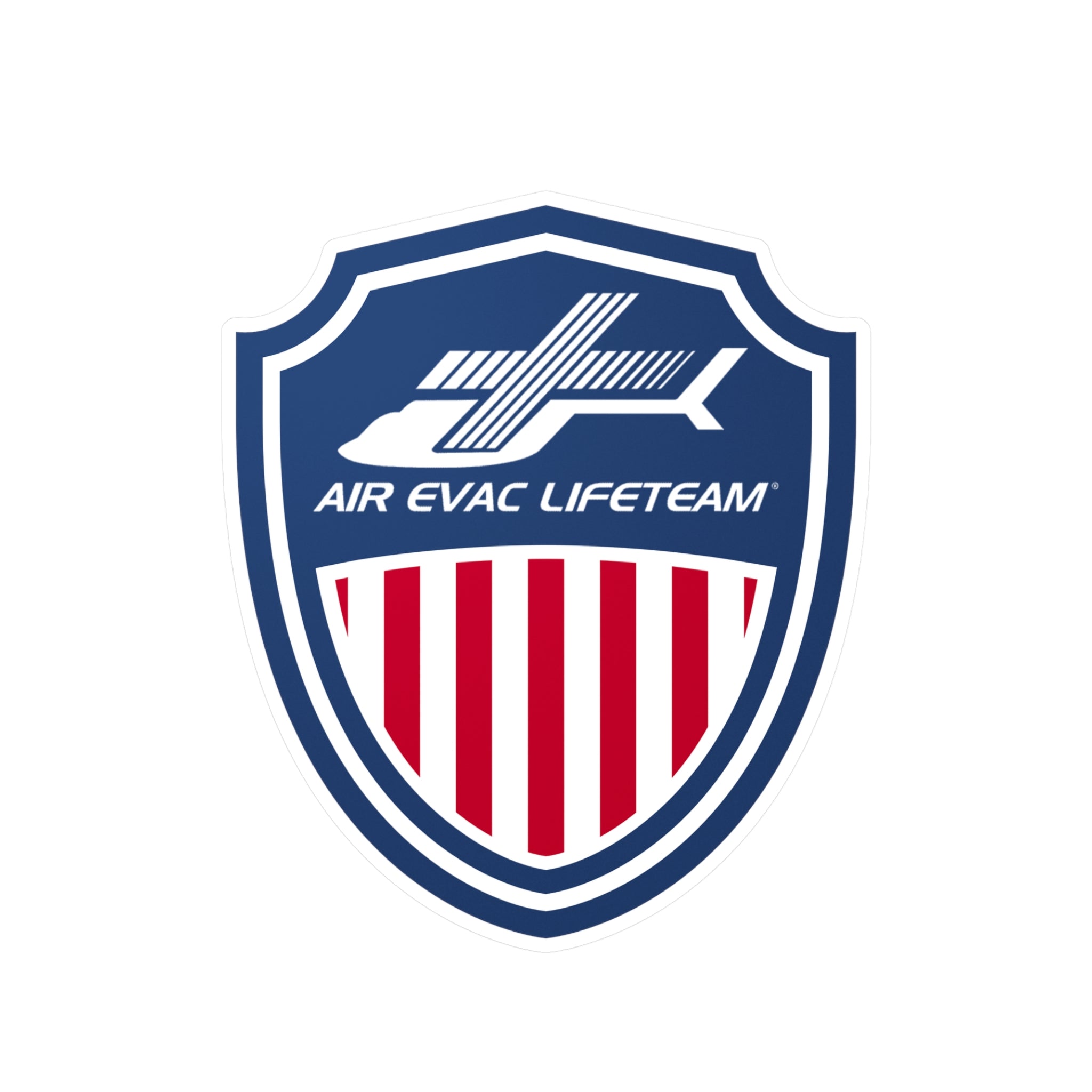 Sticker of an Air Evac Lifeteam logo on a patriotic shield by Rotor Wash & Wear