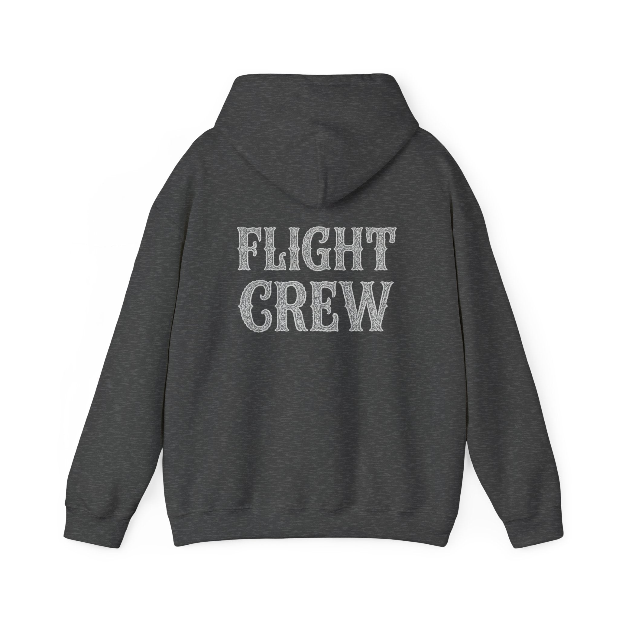 Dark gray hoodie with 'FLIGHT CREW' text on the back against a white background