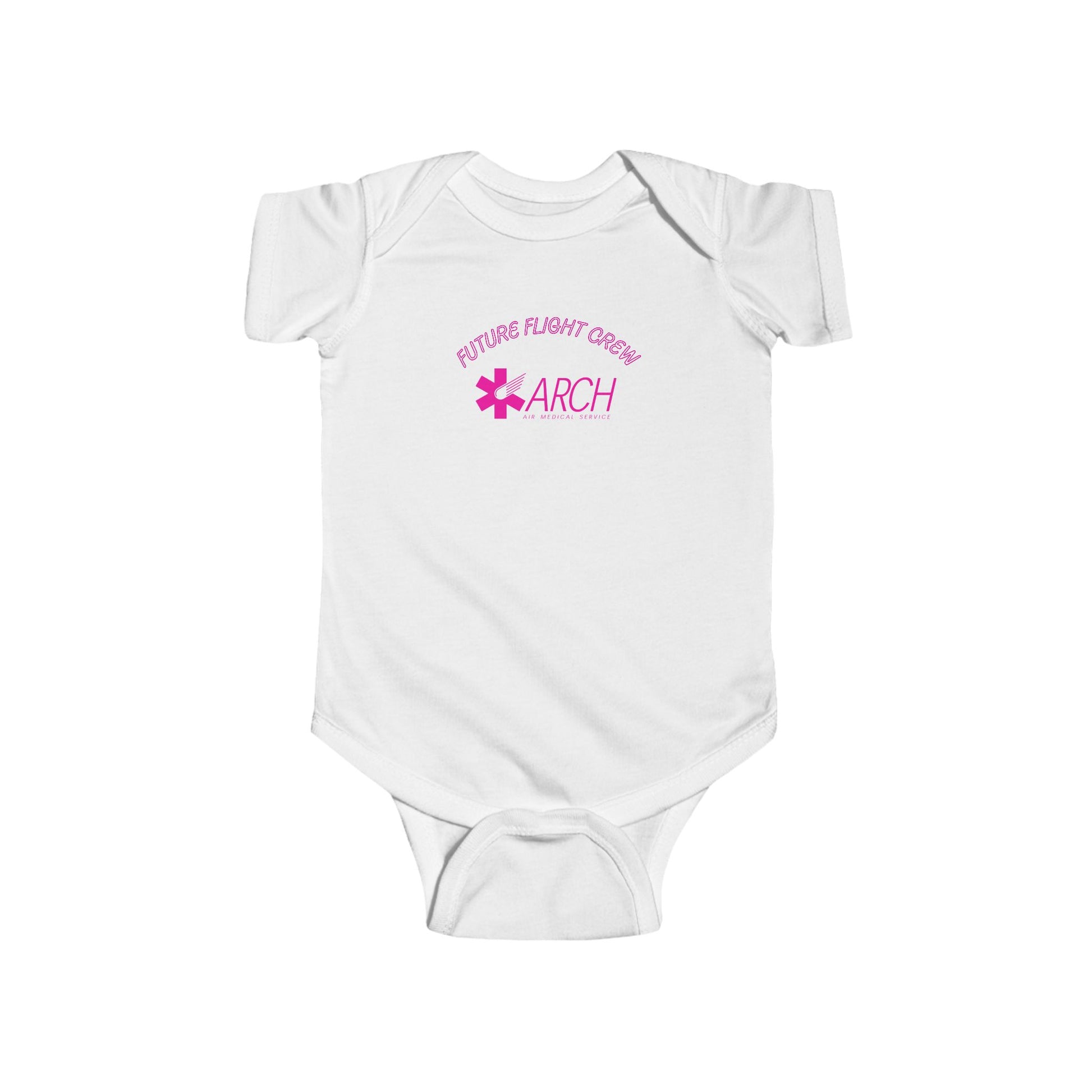 White baby onesie with ARCH by Air Methods logo and text "Future Flight Crew" by Rotor Wash & Wear