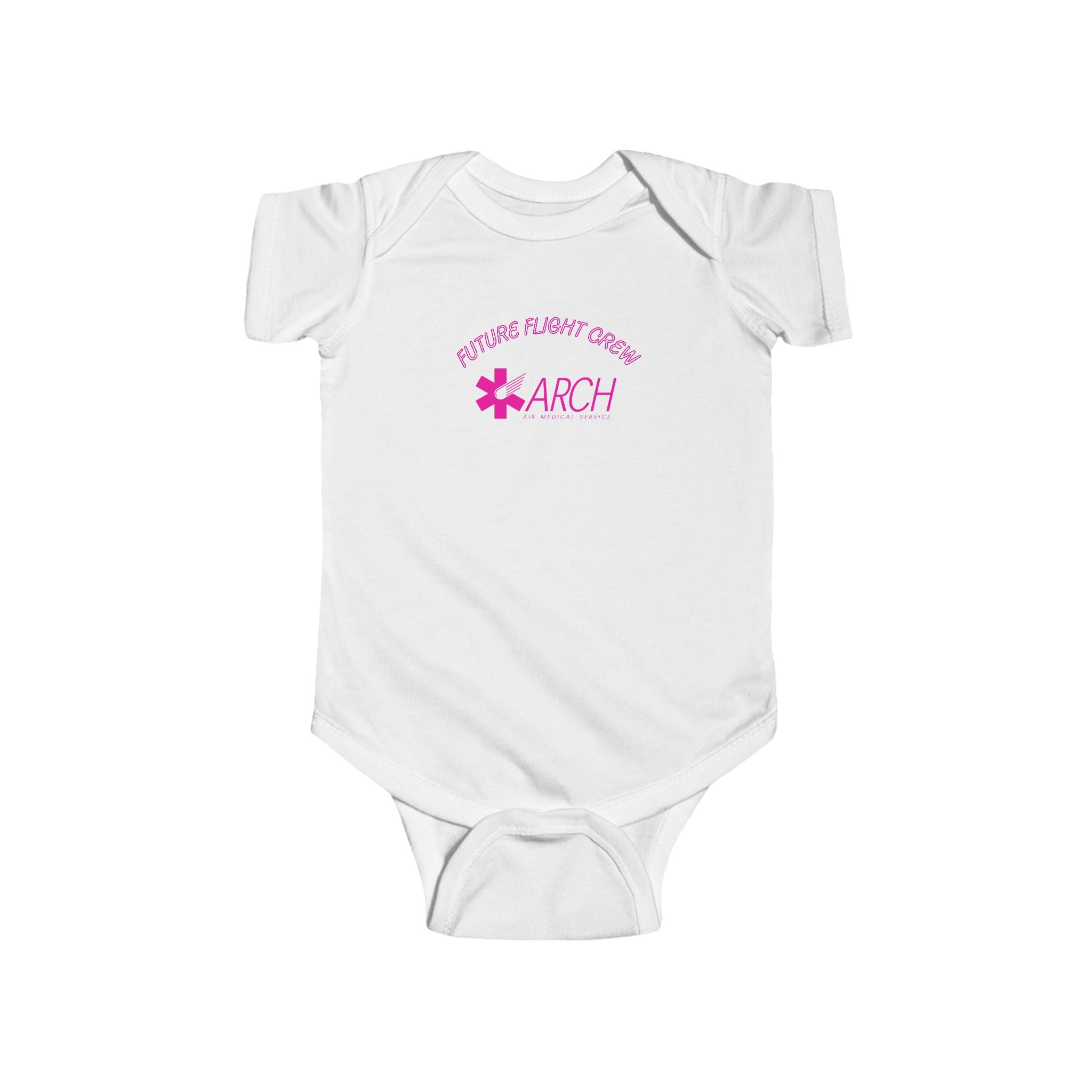 White baby onesie with ARCH by Air Methods logo and text "Future Flight Crew" by Rotor Wash & Wear