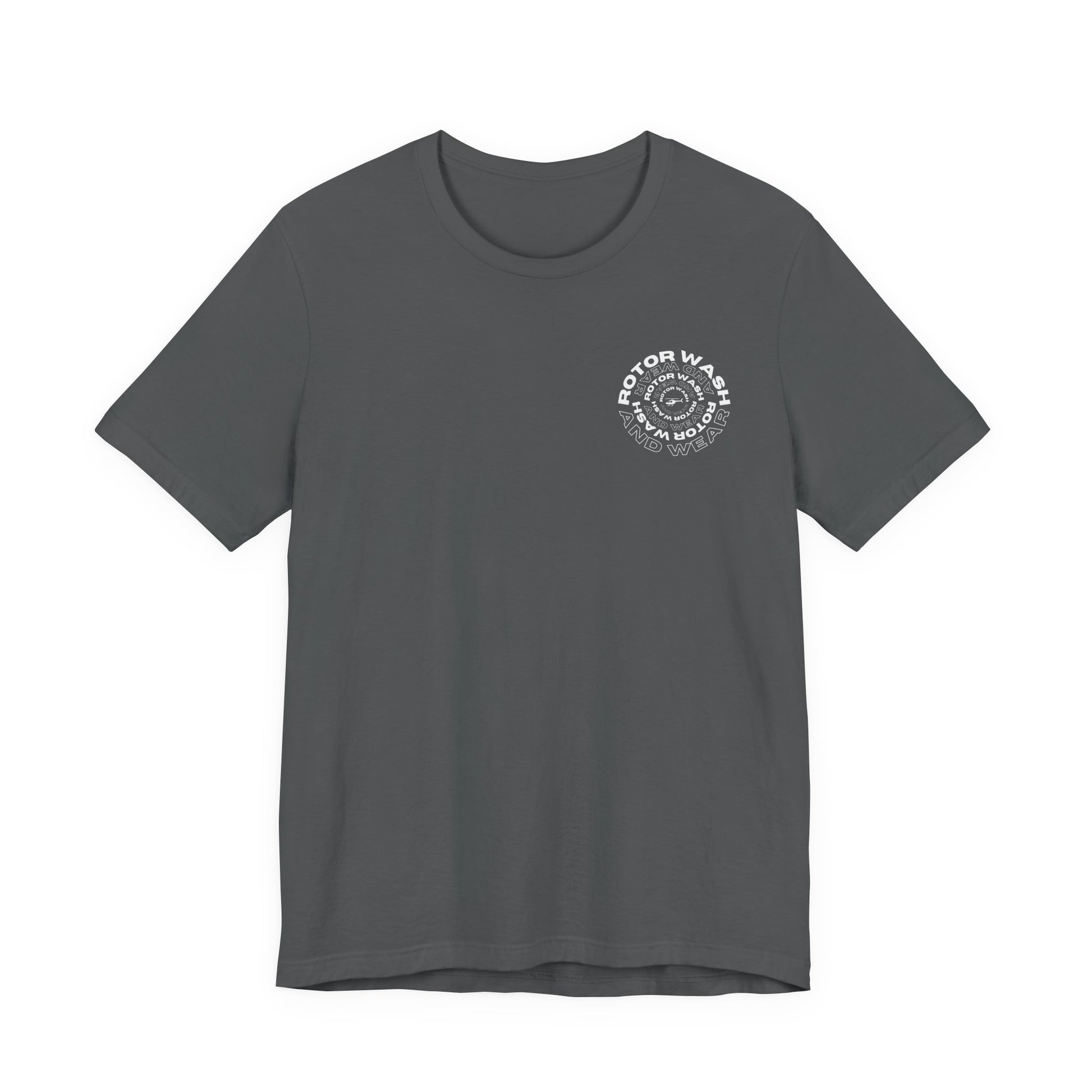 Gray t-shirt with 'Rotor Wash and Wear' circular design text design on the left chest on a white background