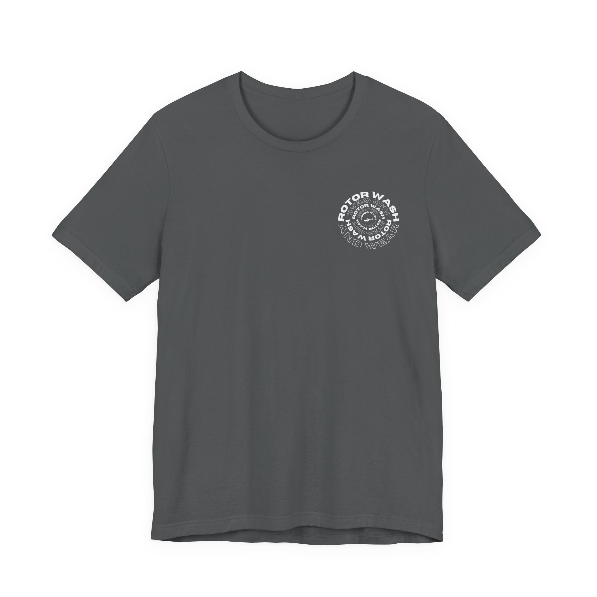 Gray t-shirt with 'Rotor Wash and Wear' circular design text design on the left chest on a white background