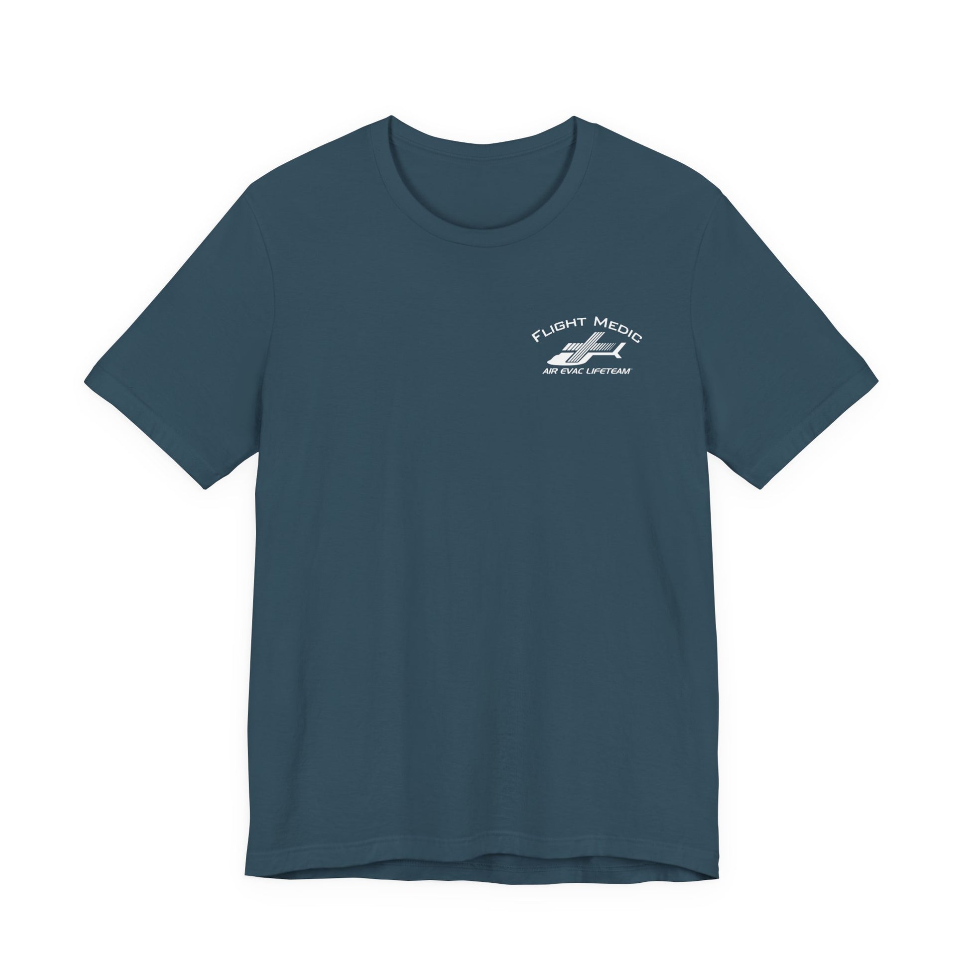 Deep teal t-shirt with small 'Flight Medic" text and Air Evac Lifeteam' logo on the left chest by Rotor Wash & Wear