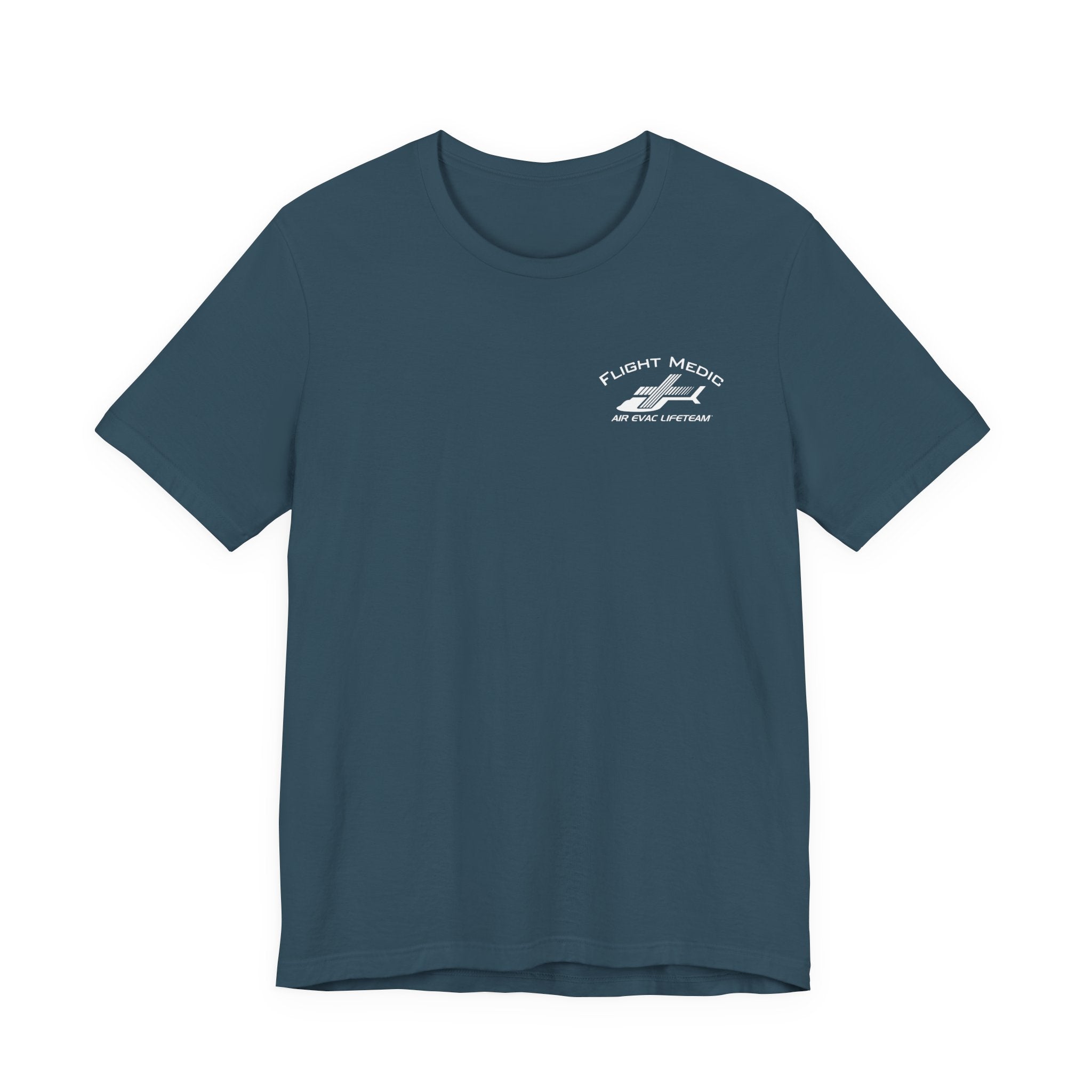 Deep teal t-shirt with small 'Flight Medic" text and Air Evac Lifeteam' logo on the left chest by Rotor Wash & Wear