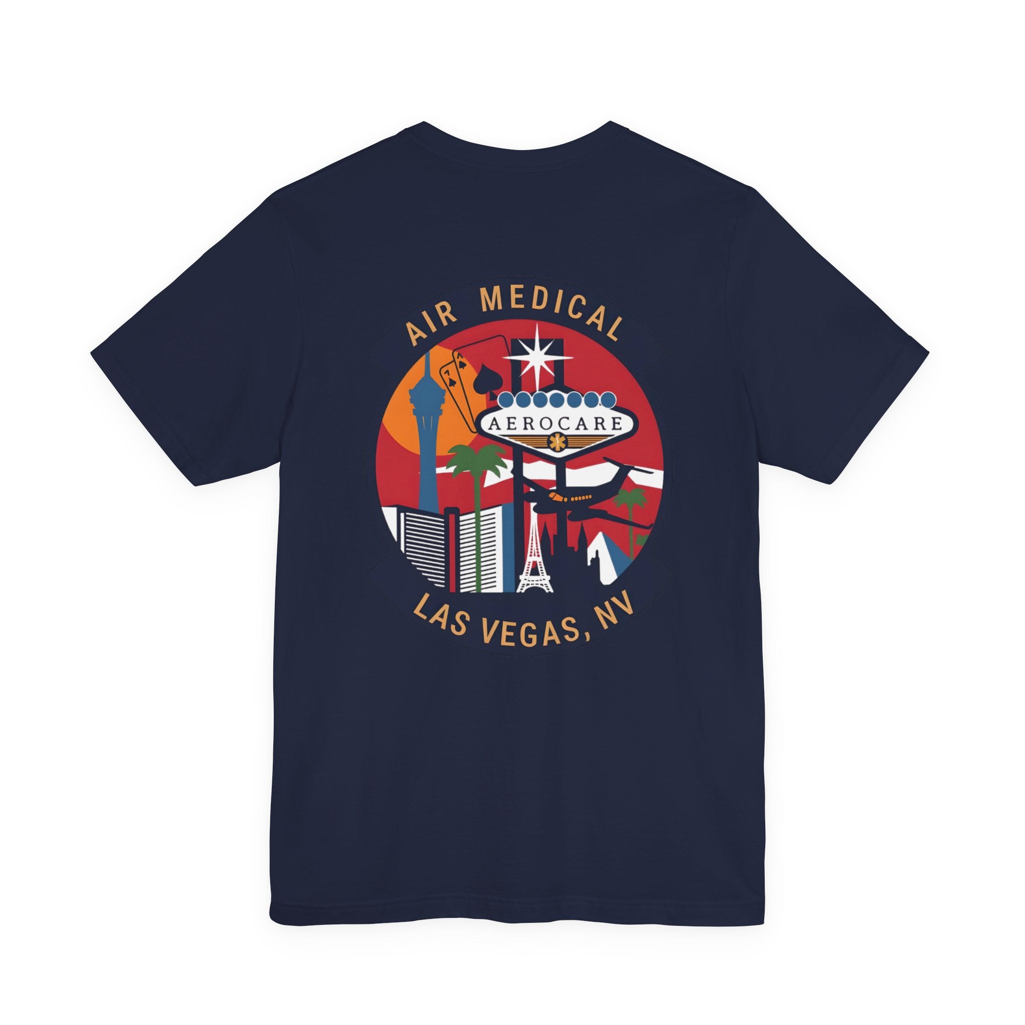 Navy blue t-shirt with Aerocare Las Vegas graphic design by Rotor Wash & Wear
