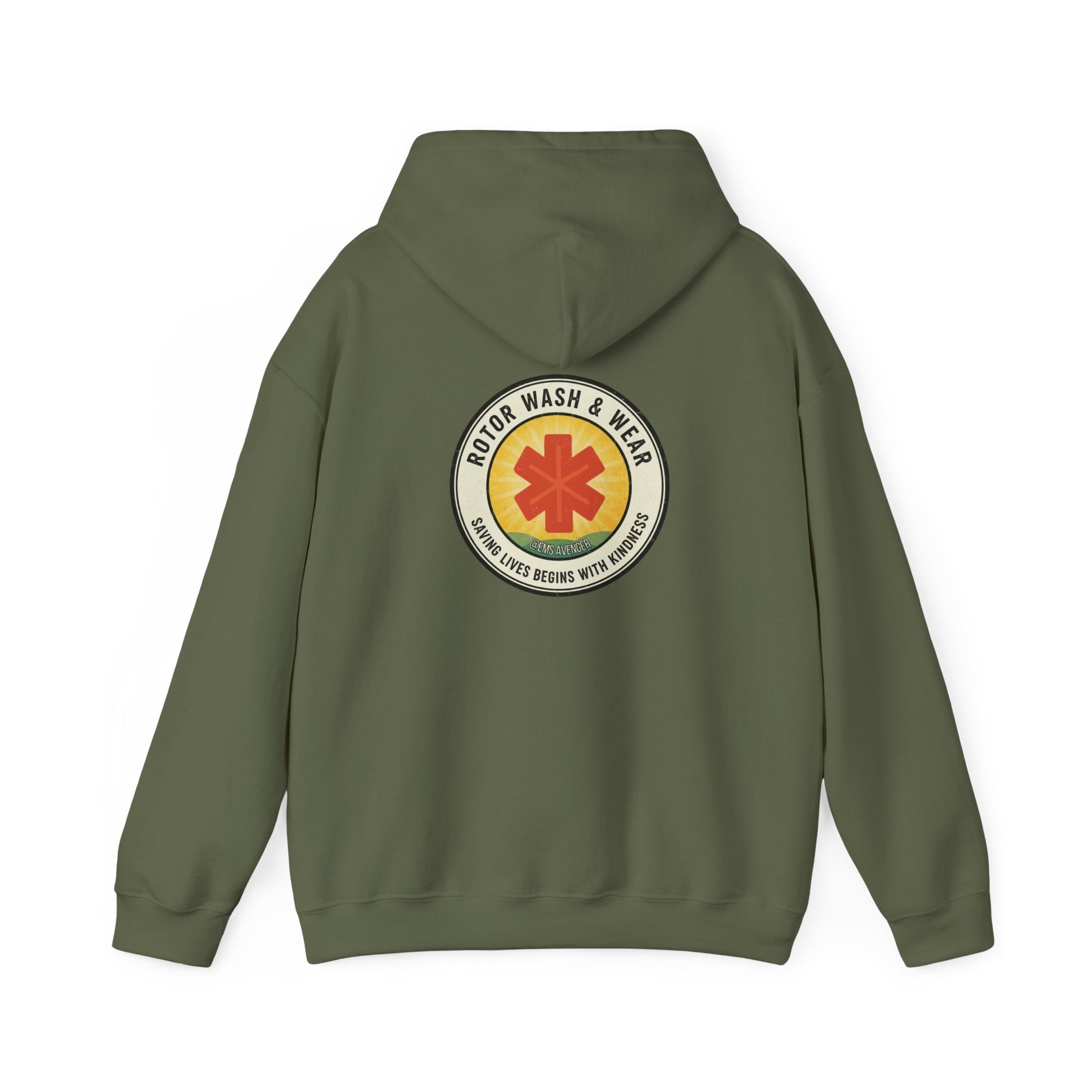 Green hoodie with a logo on the back of Rotor Wash & Wear and "saving lives begins with kindness" motto against a white background