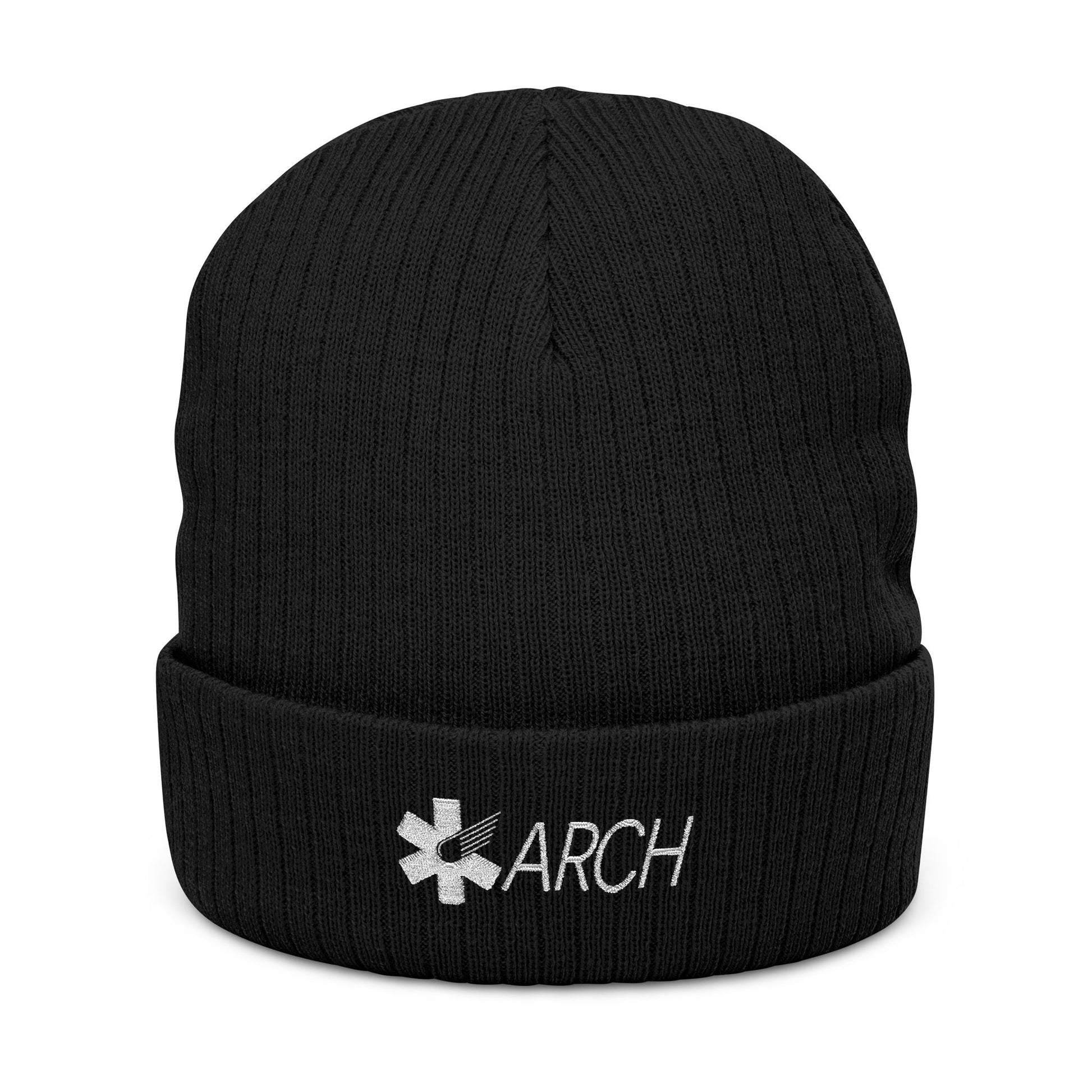 Black knit beanie with embroidered 'ARCH' logo by Rotor Wash & Wear
