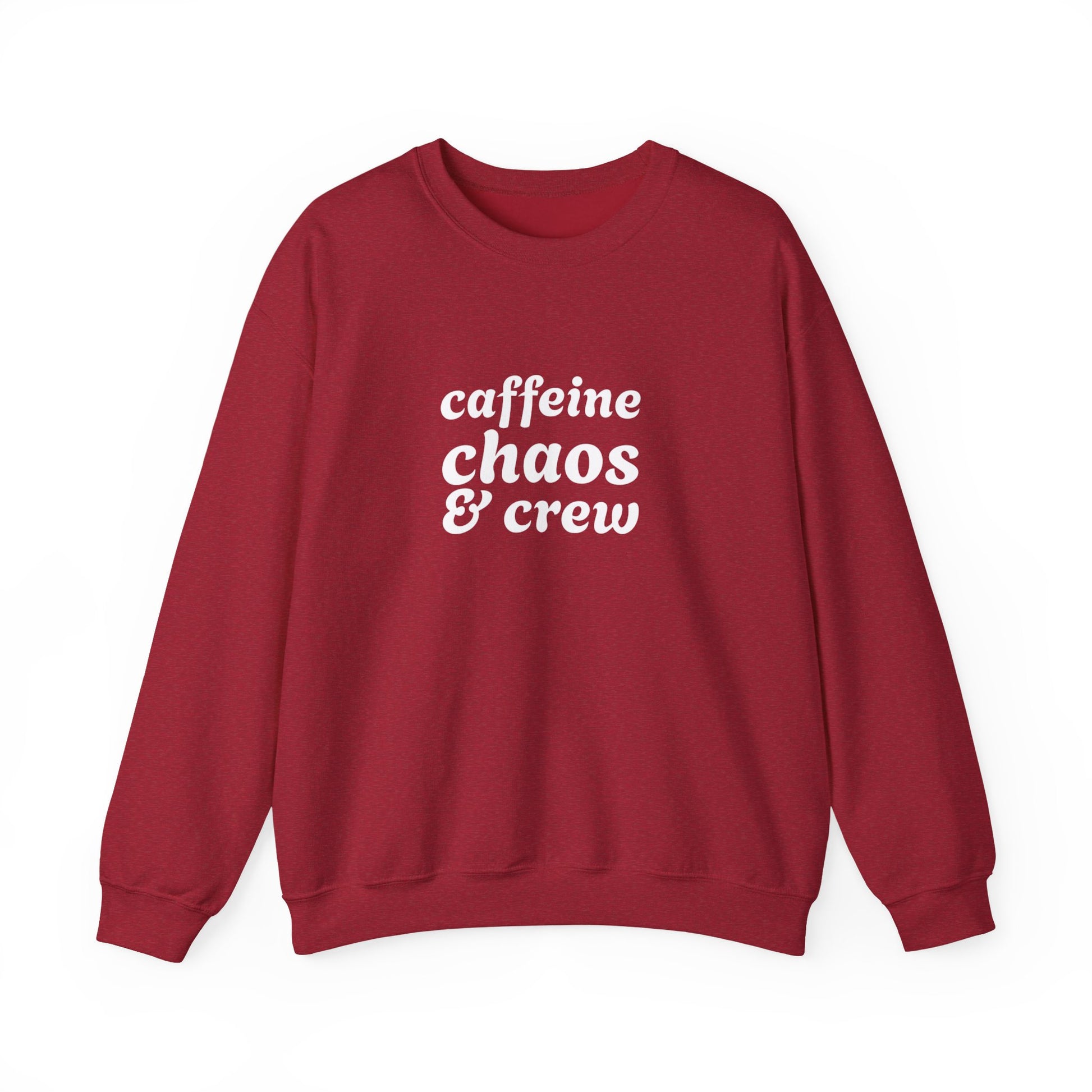 Red sweatshirt with 'caffeine chaos & crew' text on by Rotor Wash & Wear