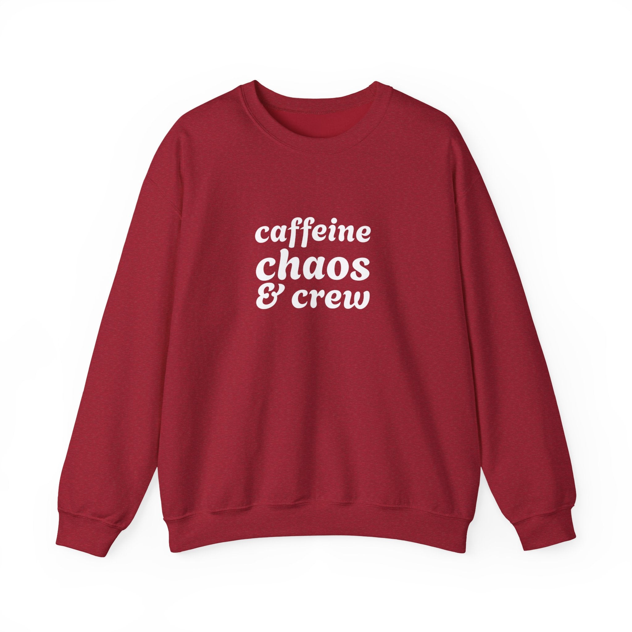 Red sweatshirt with 'caffeine chaos & crew' text on by Rotor Wash & Wear