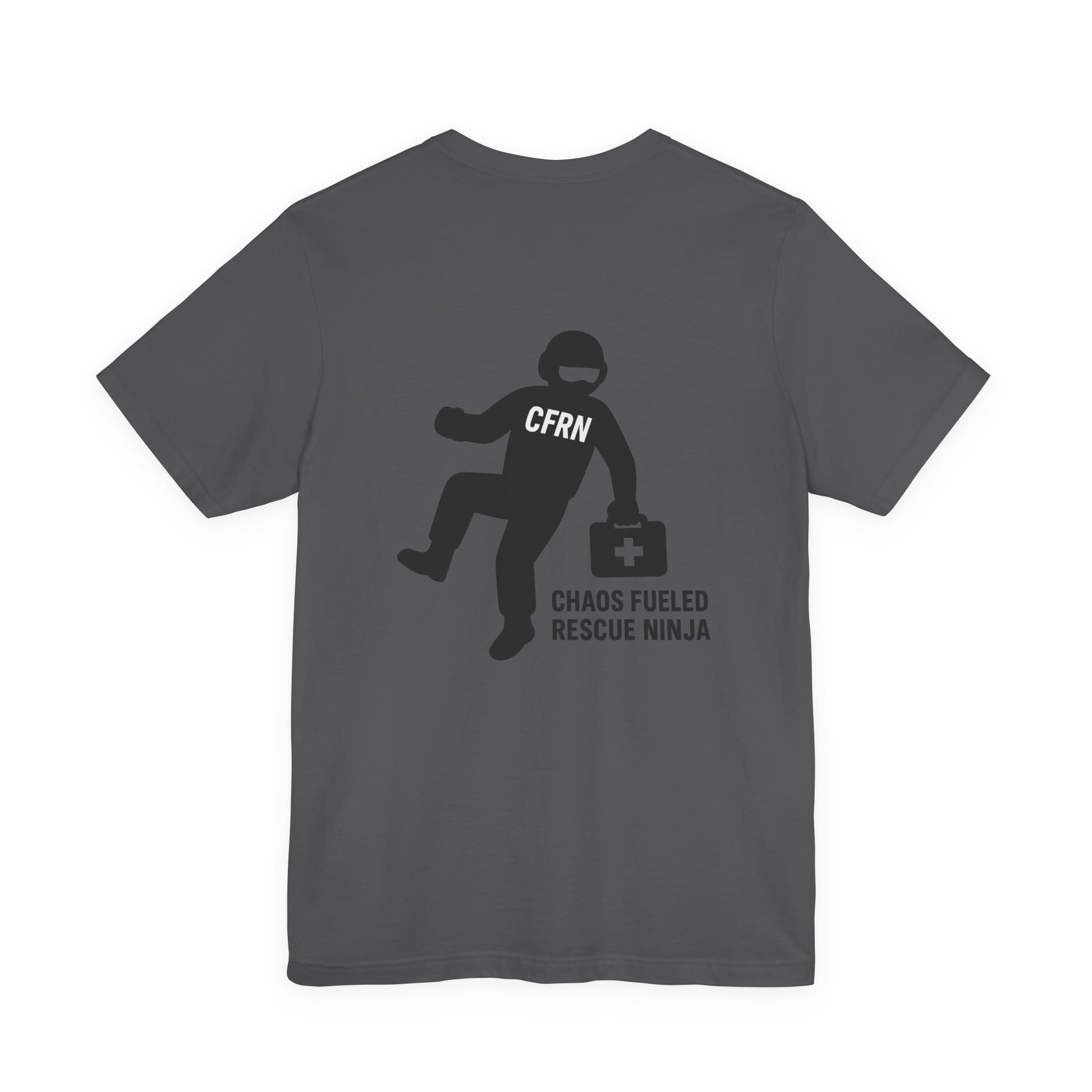 Gray t-shirt with a graphic design of a flight nurse/ninja with "CFRN" on their chest and the text "chaos fueled rescue ninja" on a white background by Rotor Wash & Wear