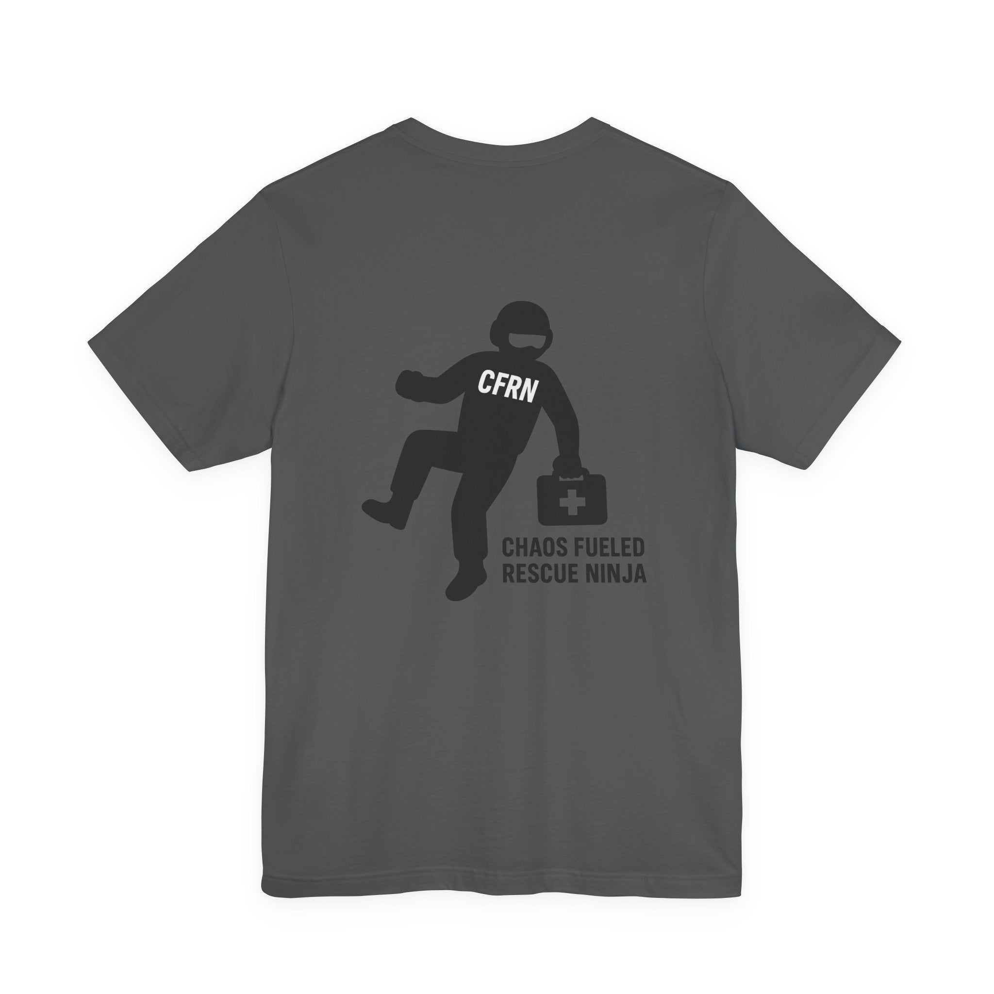 Gray t-shirt with a graphic design of a flight nurse/ninja with "CFRN" on their chest and the text "chaos fueled rescue ninja" on a white background by Rotor Wash & Wear