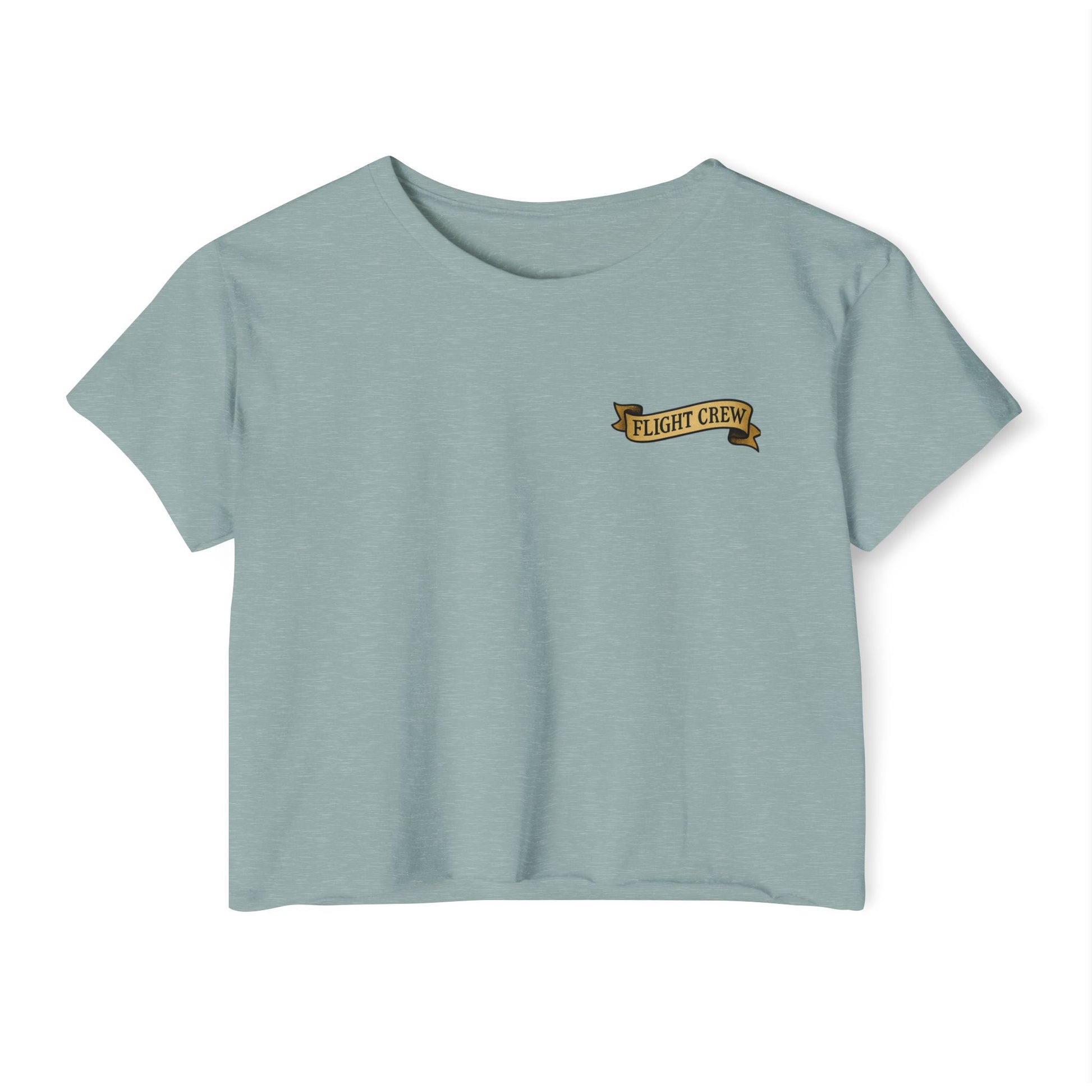 Light green crop top with 'FLIGHT CREW' text on a white background