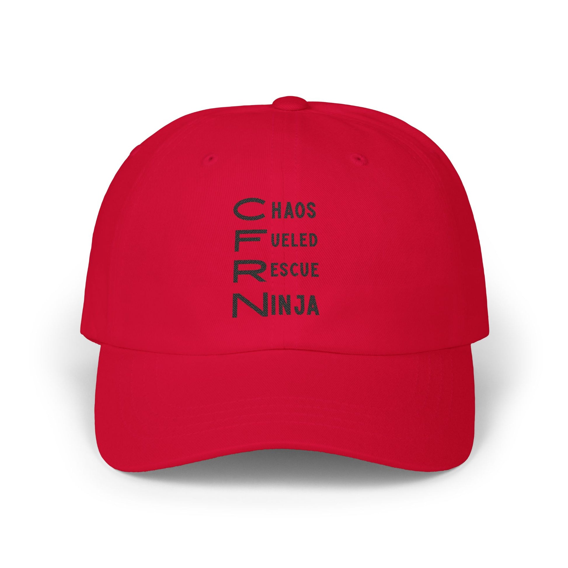 Red cap with CFRN 'Chaos Fueled Rescue Ninja' text on a white background