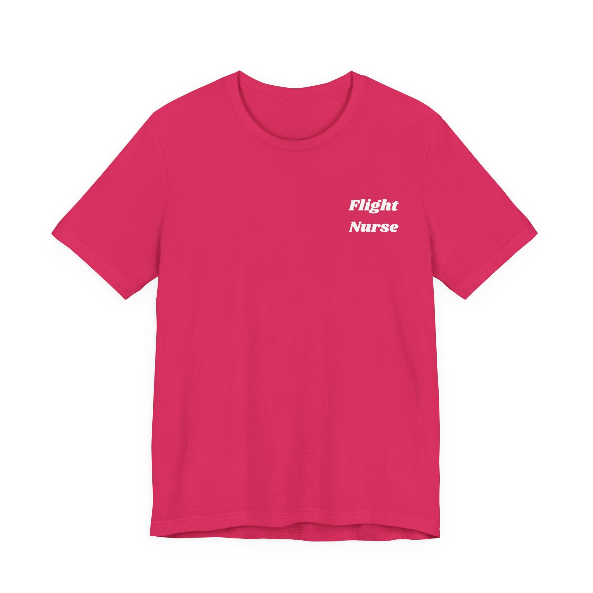 Pink t-shirt with 'Flight Nurse' text on a white background