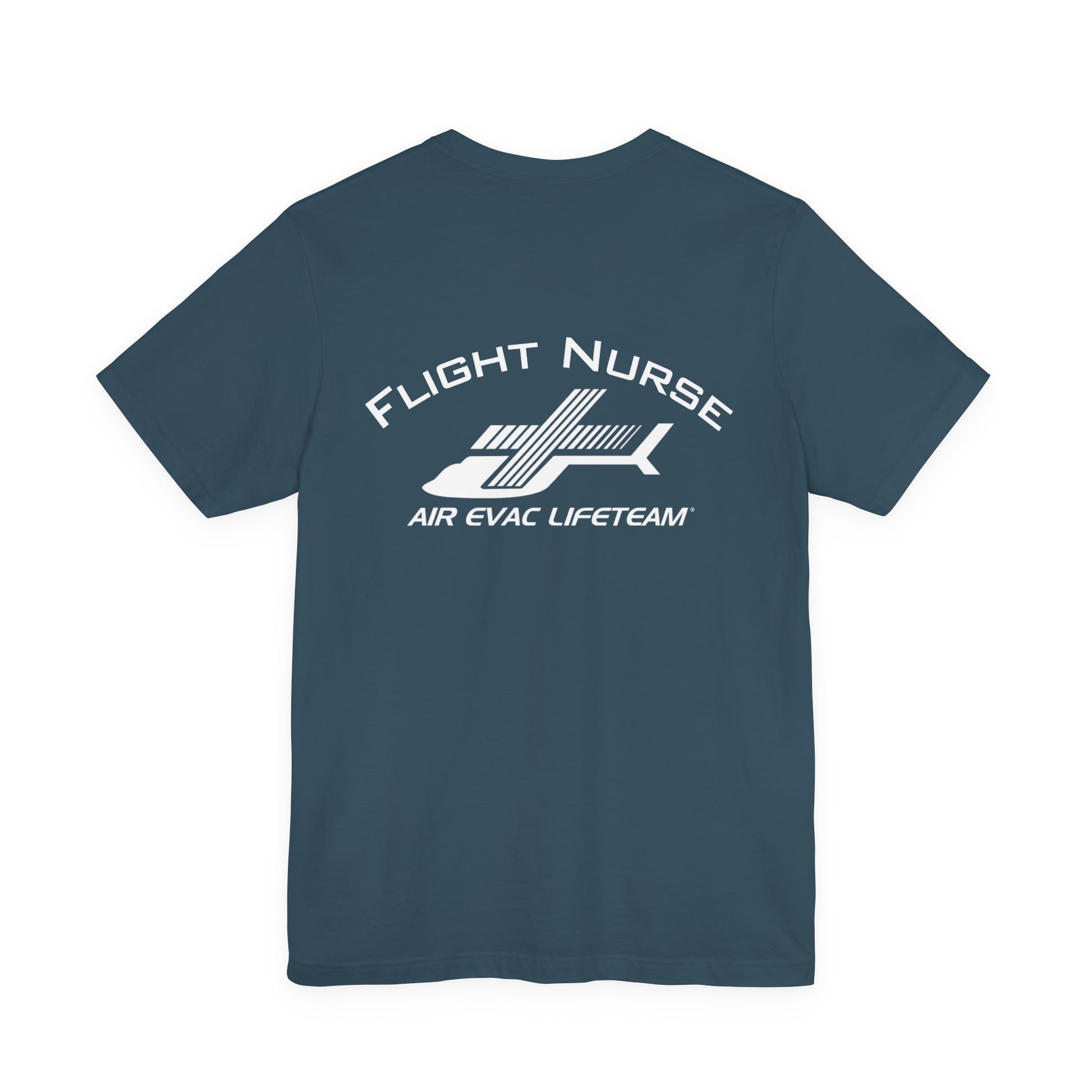 Deep teal t-shirt with 'Flight Nurse" text and Air Evac Lifeteam' logo on the back by Rotor Wash & Wear