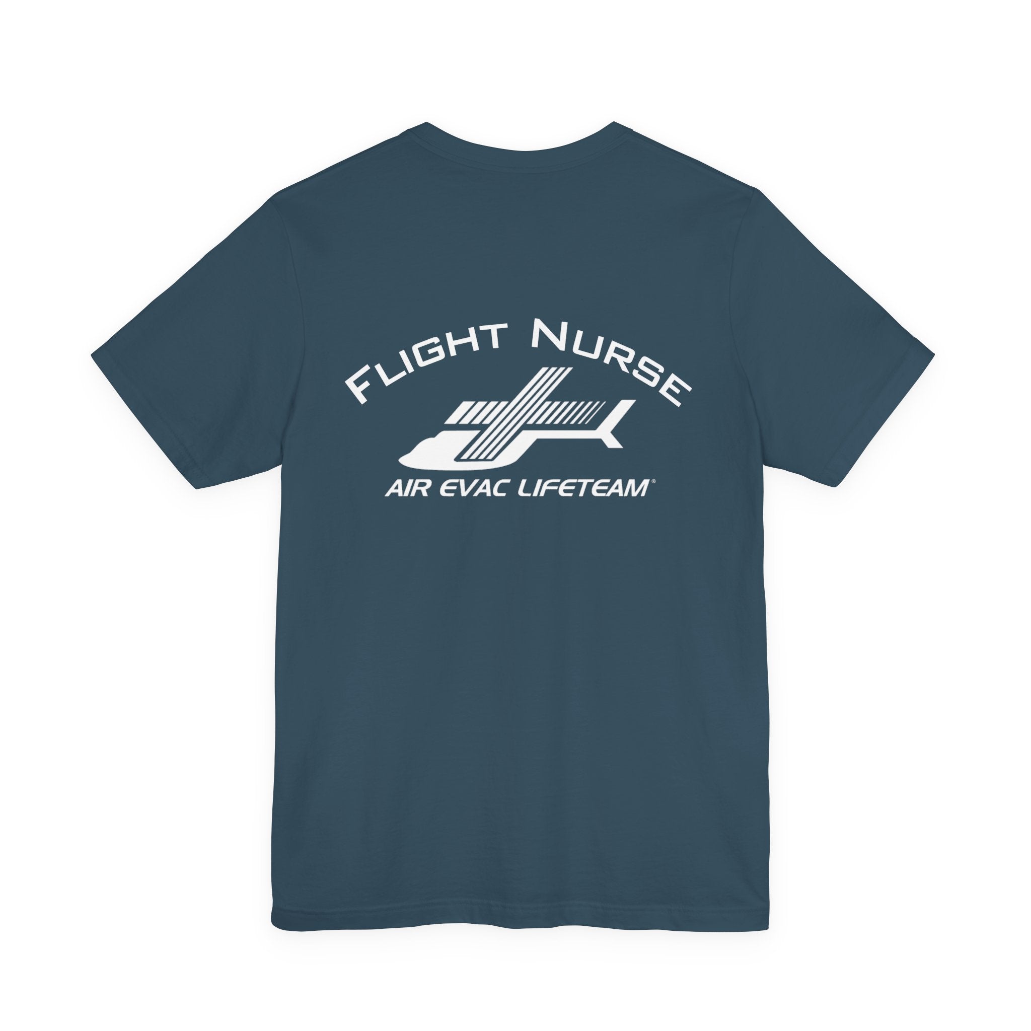 Deep teal t-shirt with 'Flight Nurse" text and Air Evac Lifeteam' logo on the back by Rotor Wash & Wear