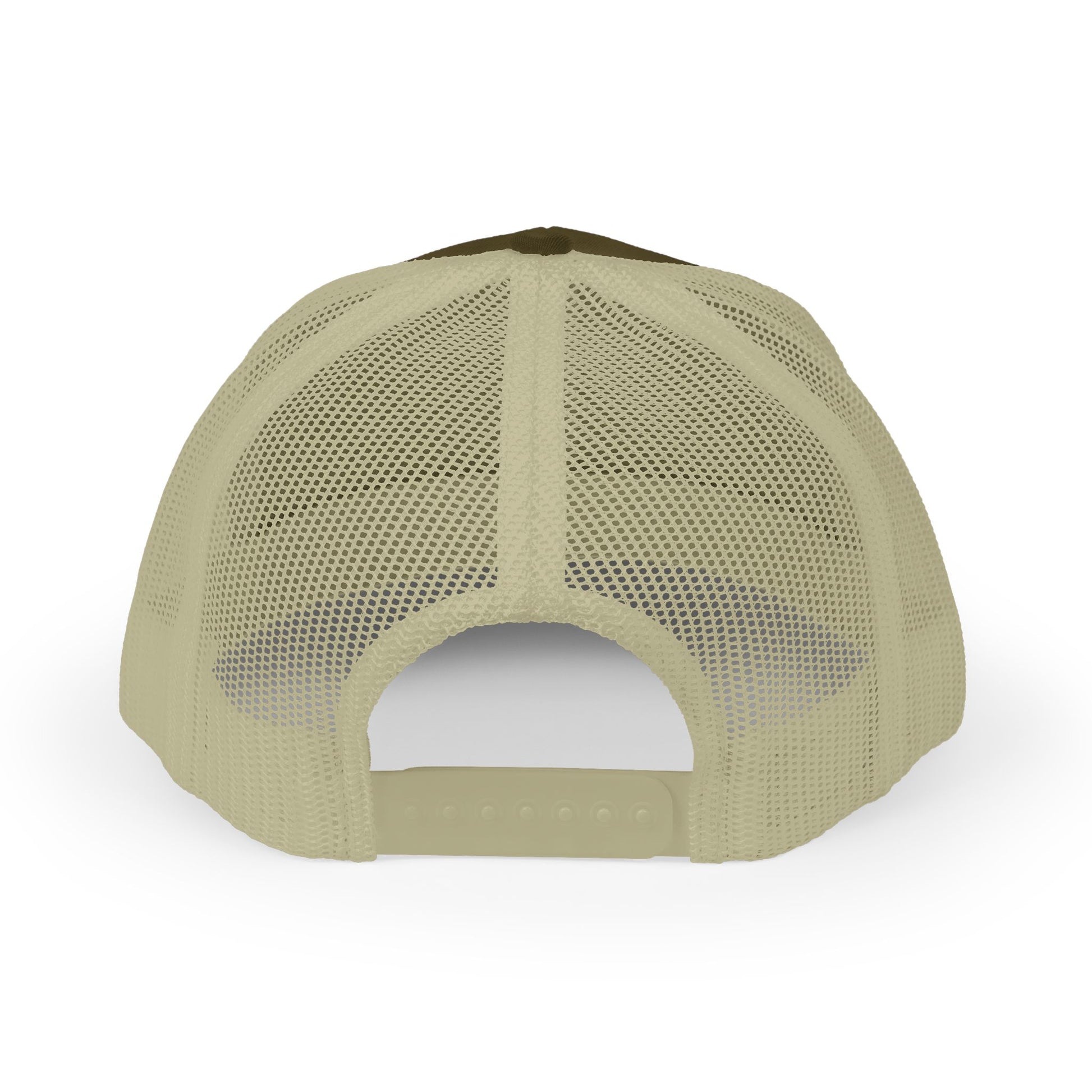 Back view of a green mesh cap on a white background