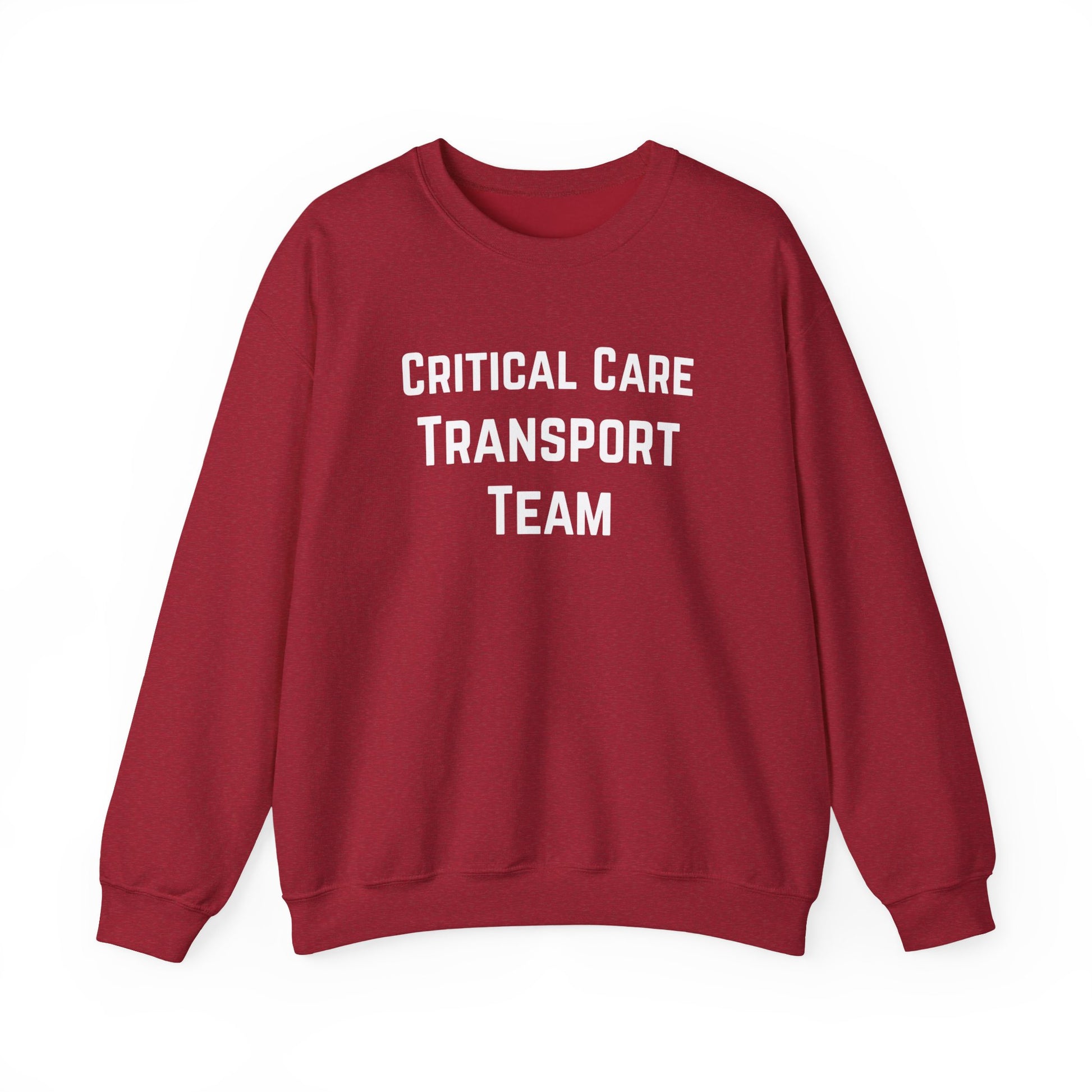Red sweatshirt with 'Critical Care Transport Team' text by Rotor Wash & Wear