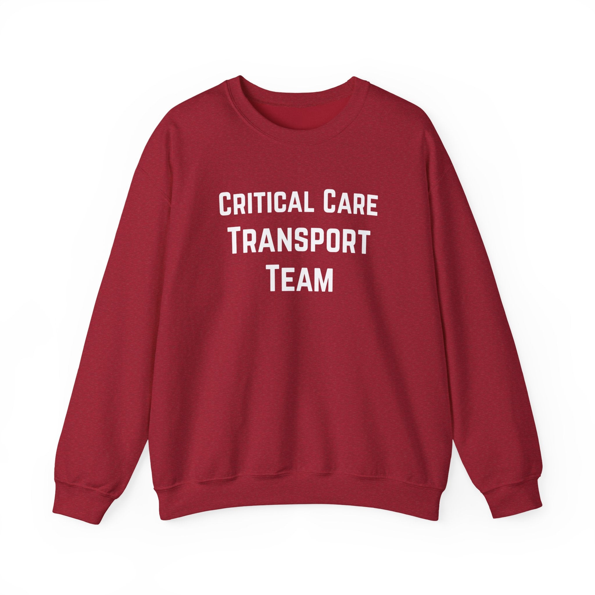 Red sweatshirt with 'Critical Care Transport Team' text by Rotor Wash & Wear